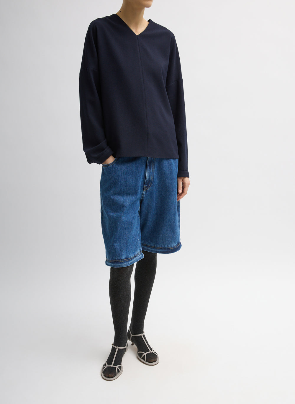 Tibi-Mica Crepe V-Neck Top - Midnight Navy-Tops-Boboli-Vancouver-Canada