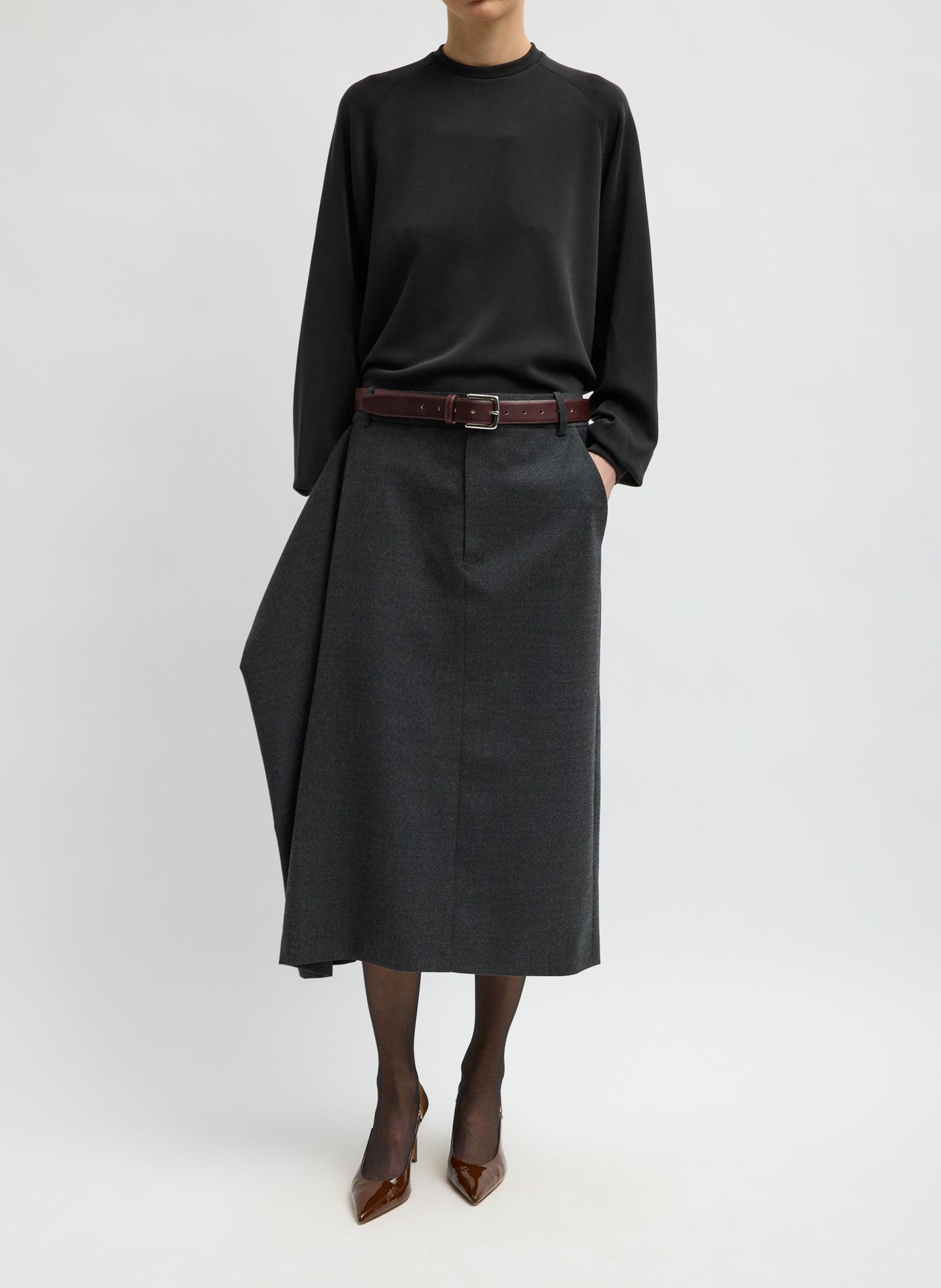 Tibi-Flannel Midi Trouser Skirt With Side - Dark Heather Grey-Skirts-Boboli-Vancouver-Canada