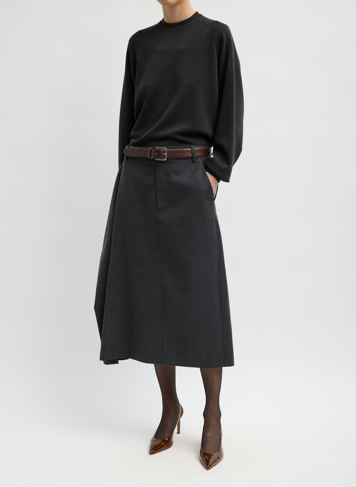 Tibi-Flannel Midi Trouser Skirt With Side - Dark Heather Grey-Skirts-Boboli-Vancouver-Canada