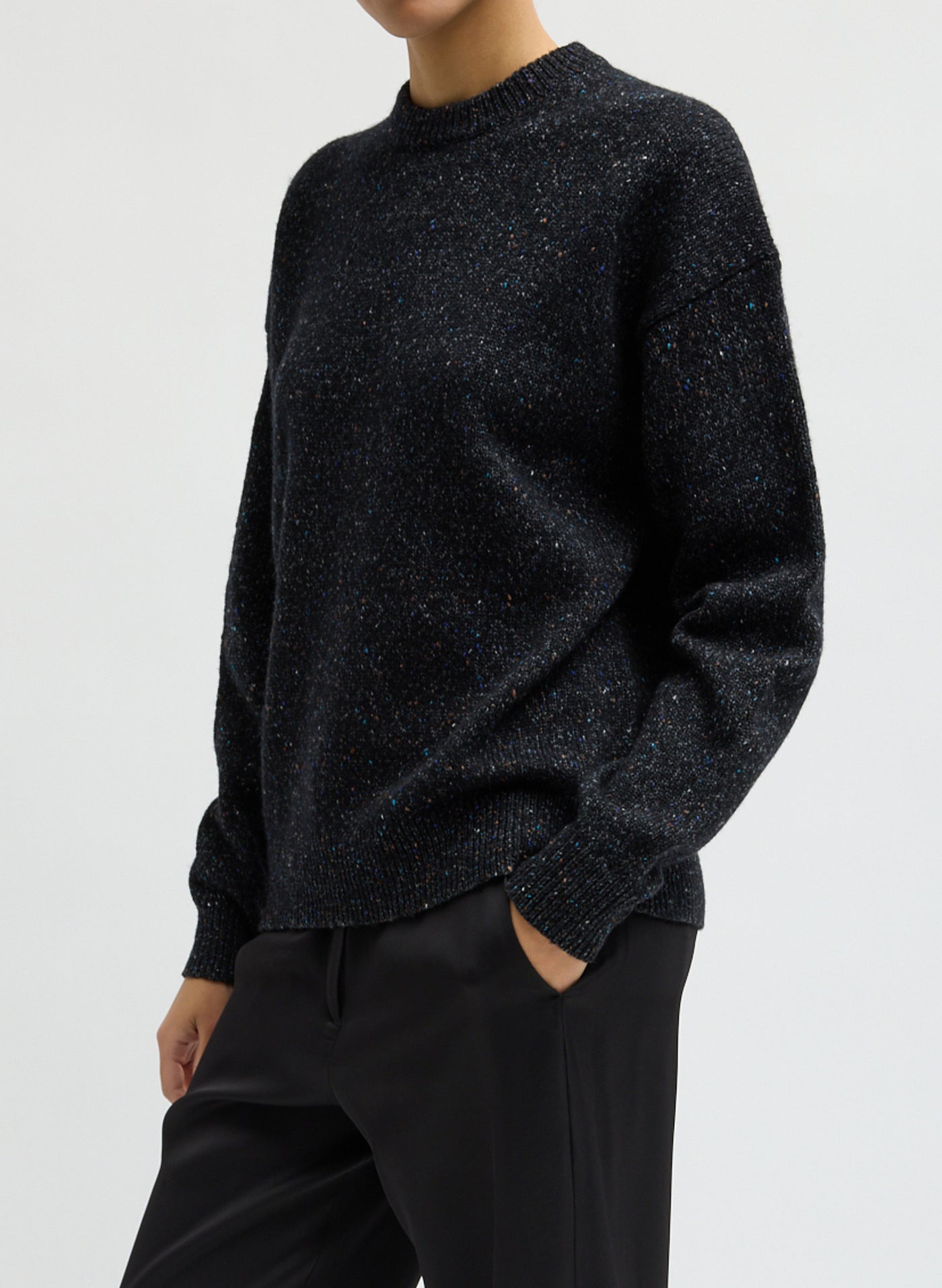 Tibi-Speckled Tweed Crewneck Easy Pullover - Black Multi-Sweaters-Boboli-Vancouver-Canada
