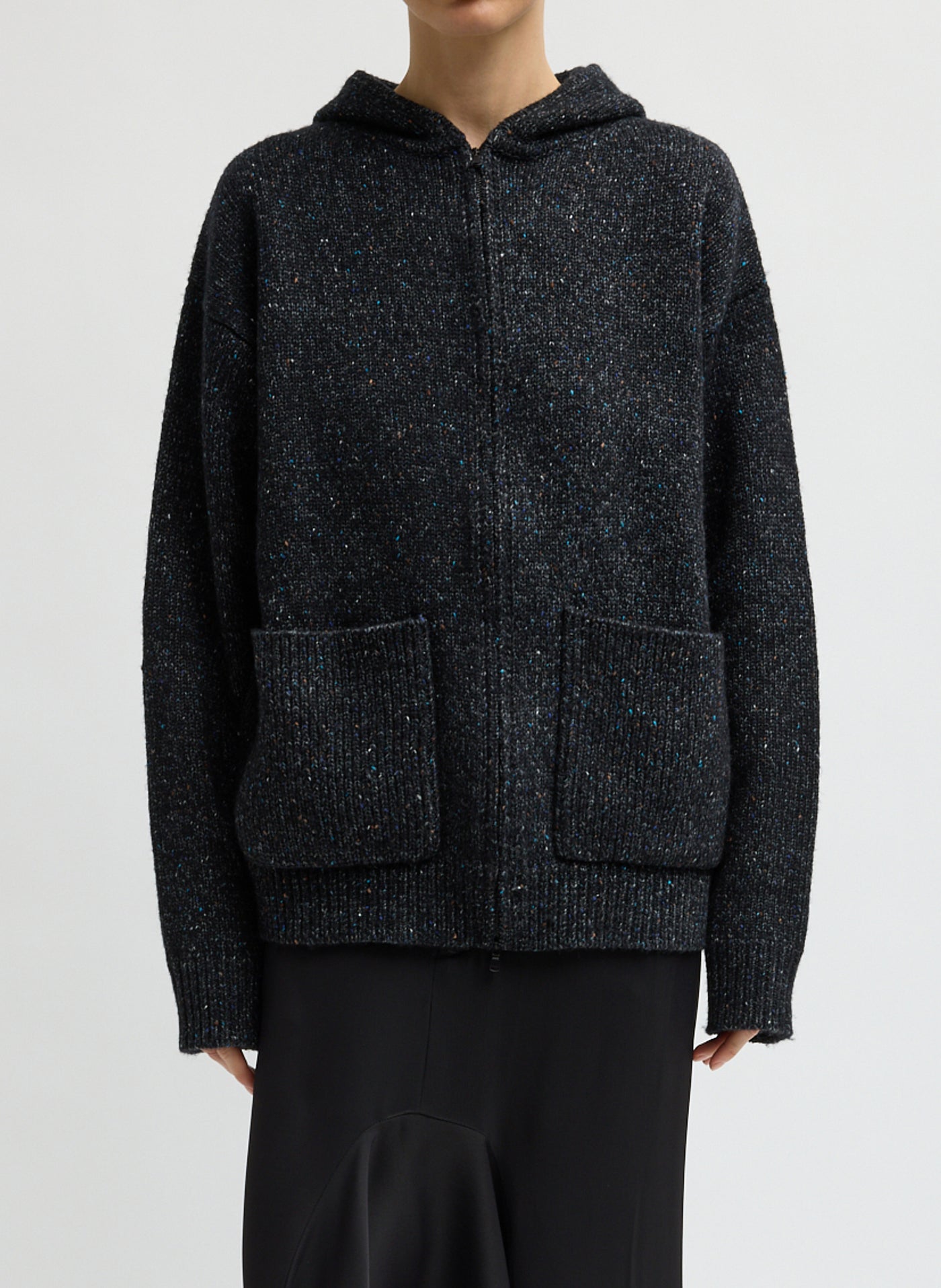 Tibi-Speckled Tweed Zip Up Hoodie with Leather Patch - Black Multi-Jackets-Boboli-Vancouver-Canada