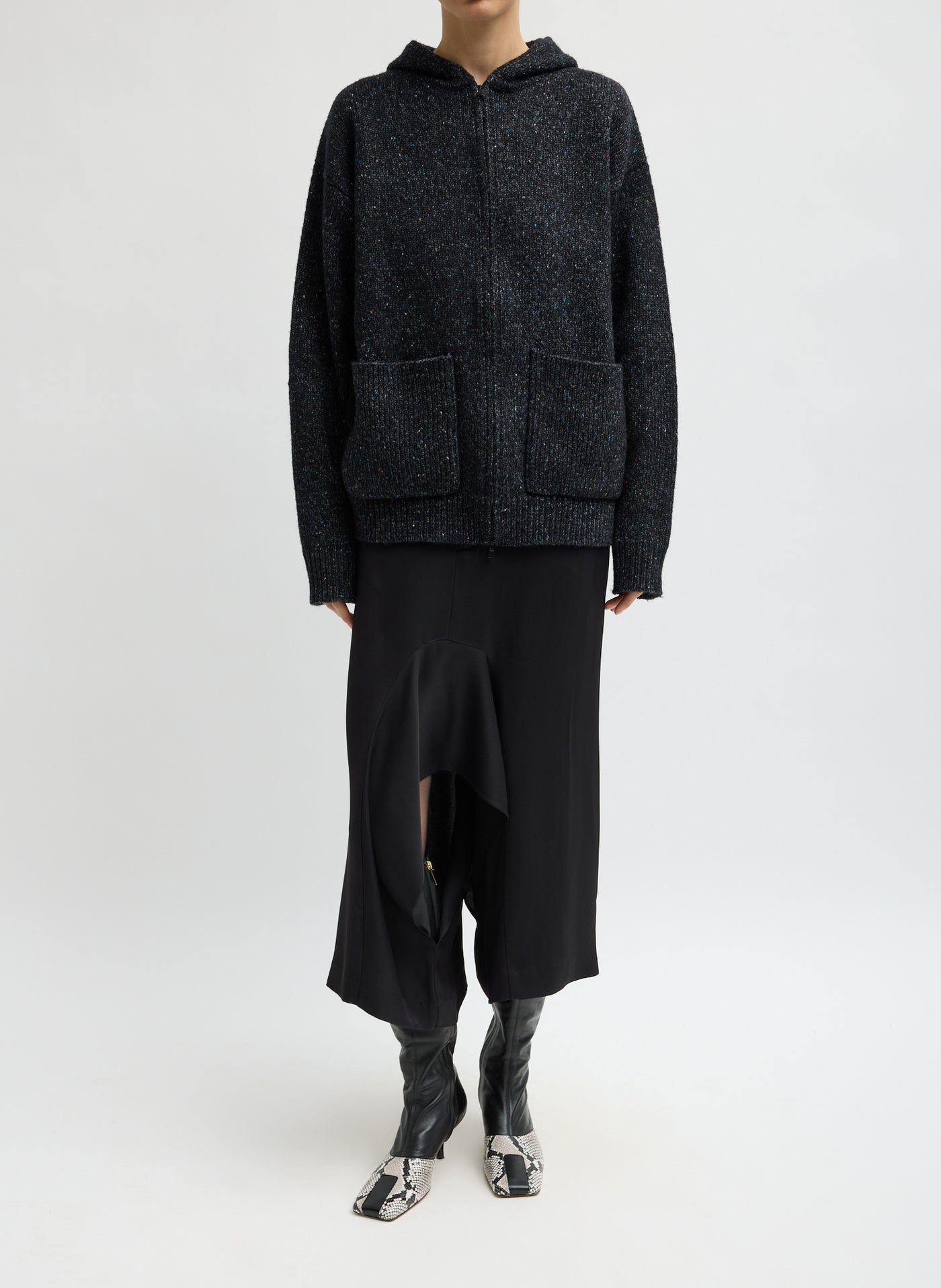 Tibi-Speckled Tweed Zip Up Hoodie with Leather Patch - Black Multi-Jackets-Boboli-Vancouver-Canada