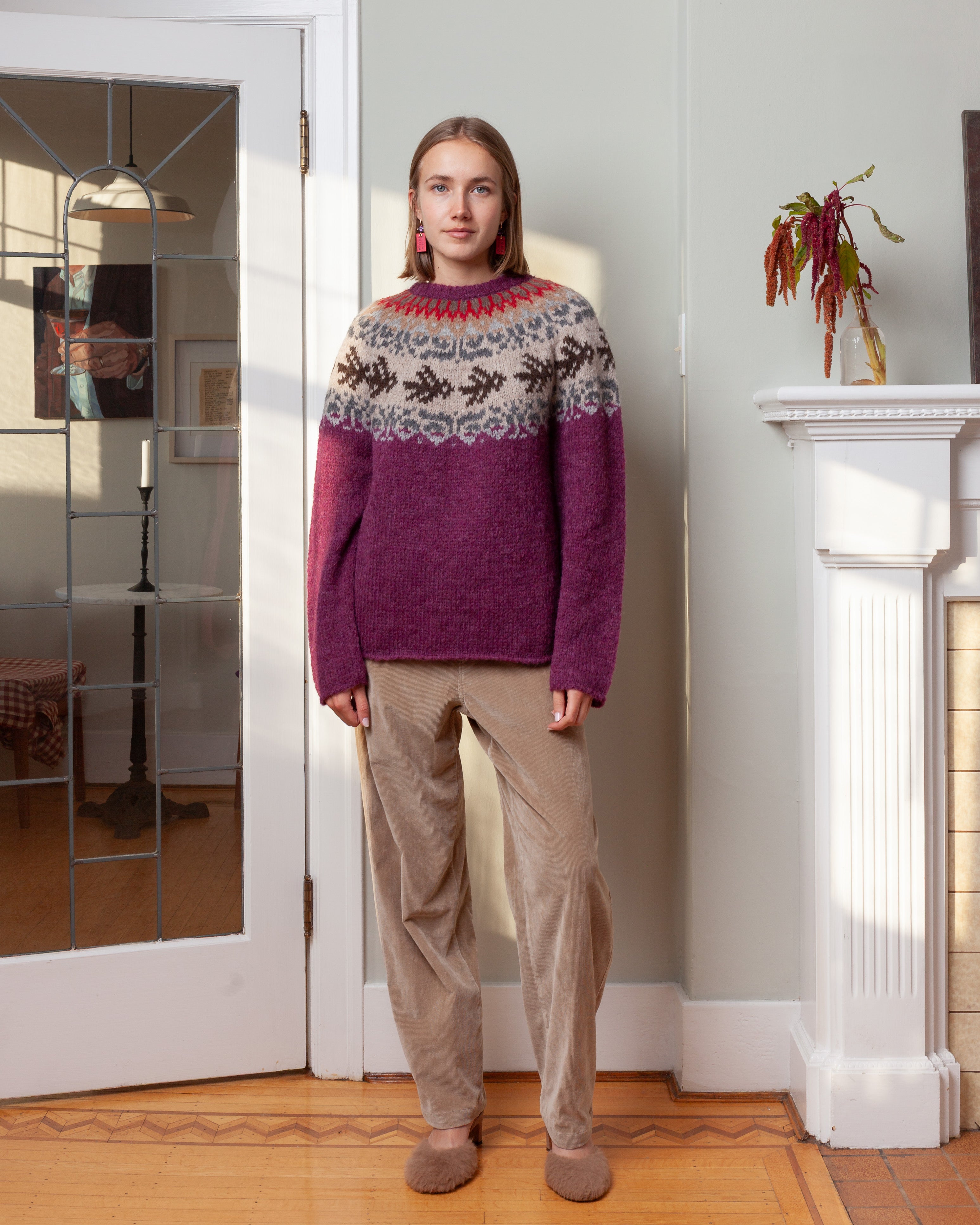 Round Neck Sweater Fairisle Bird L.S. - Fuchsia