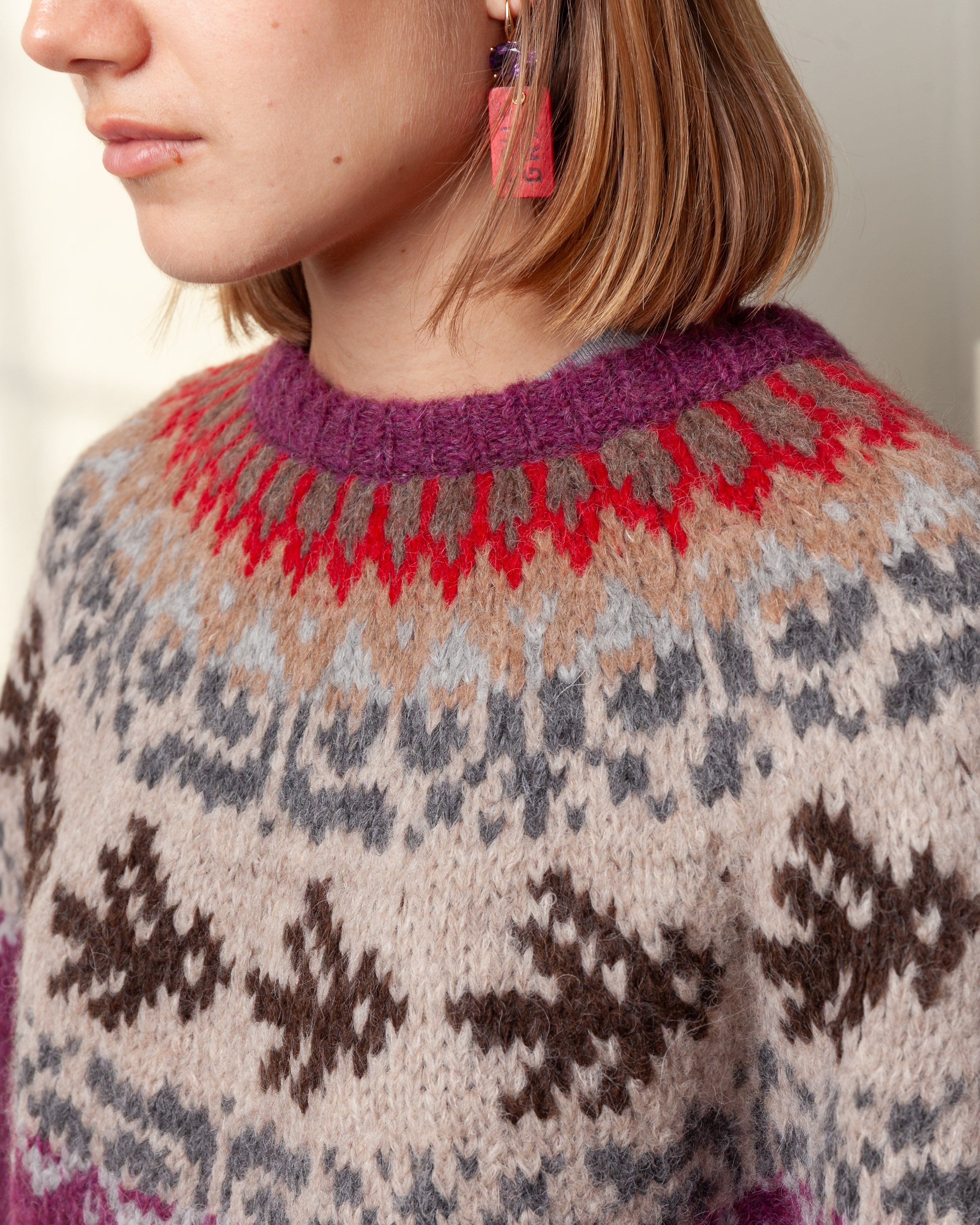 Round Neck Sweater Fairisle Bird L.S. - Fuchsia