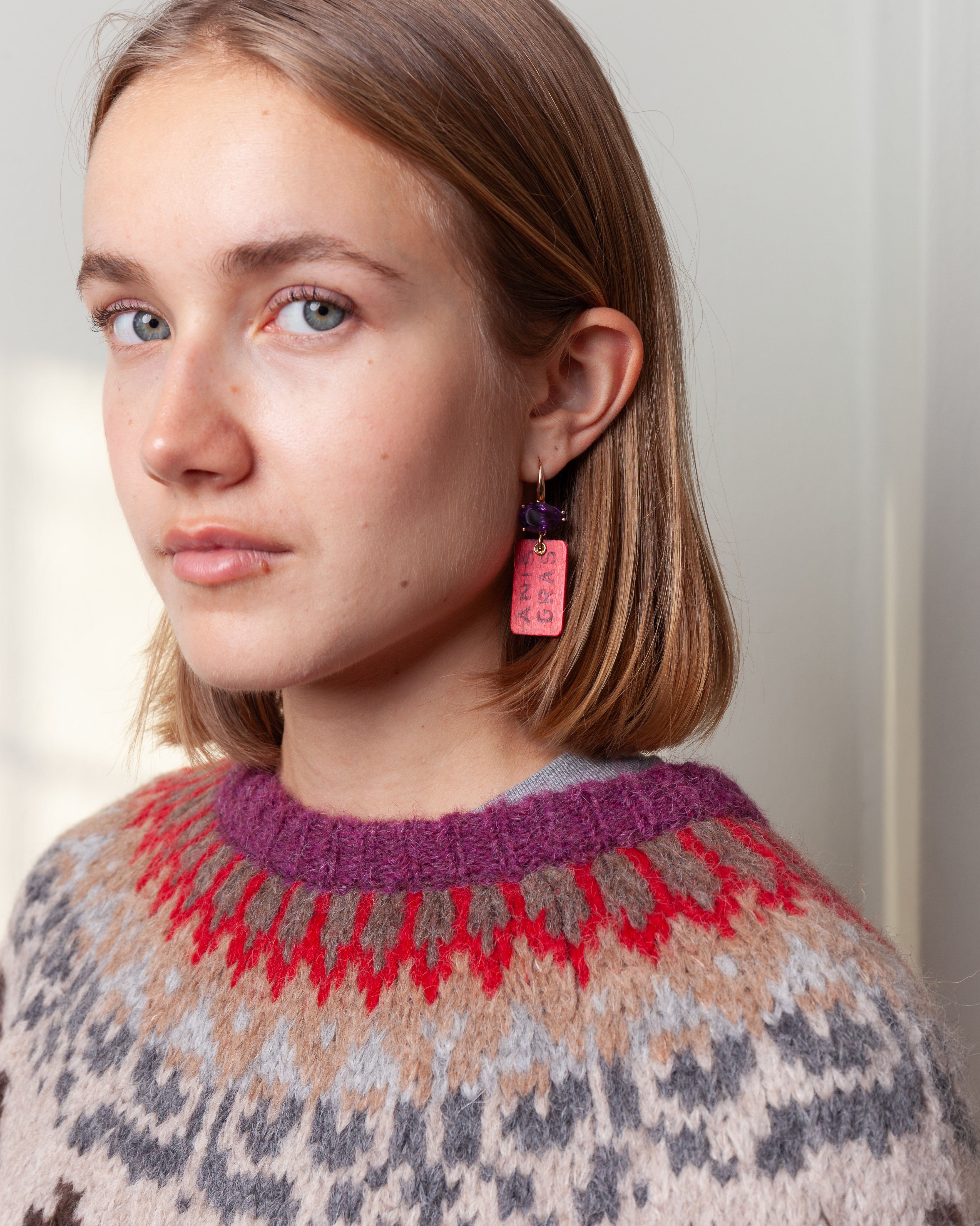 Round Neck Sweater Fairisle Bird L.S. - Fuchsia