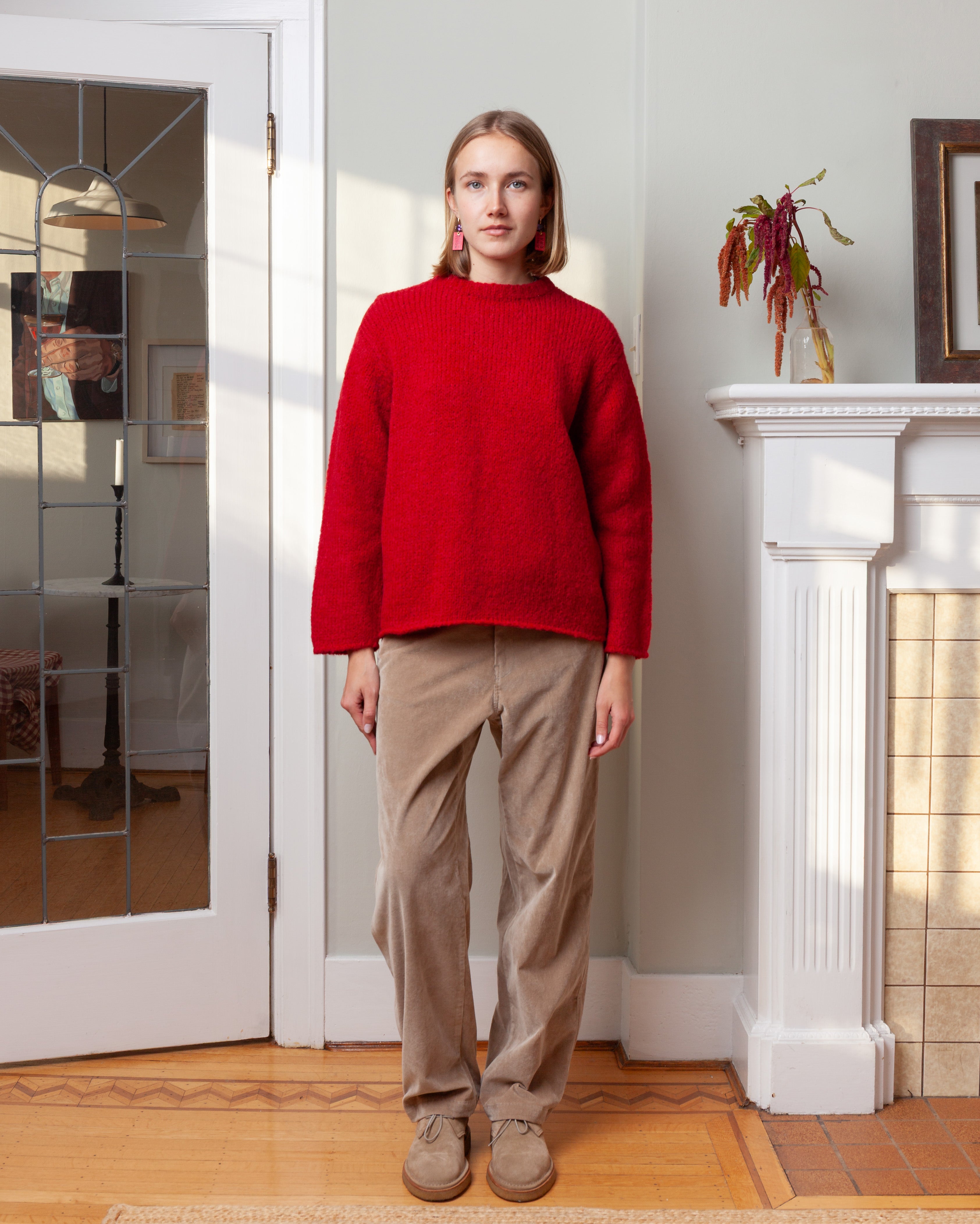 Round Neck w/Rib L.S. Sweater - Red