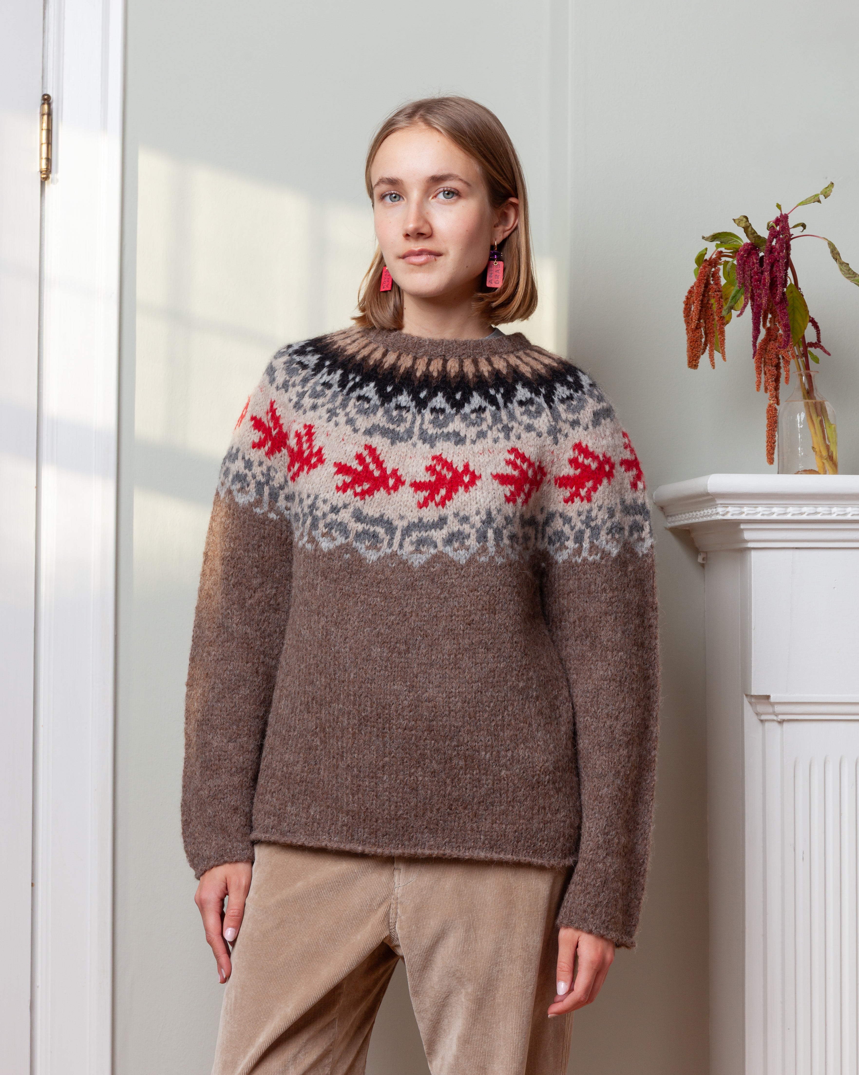 Round Neck Sweater Fairisle Bird L.S. - Nuts