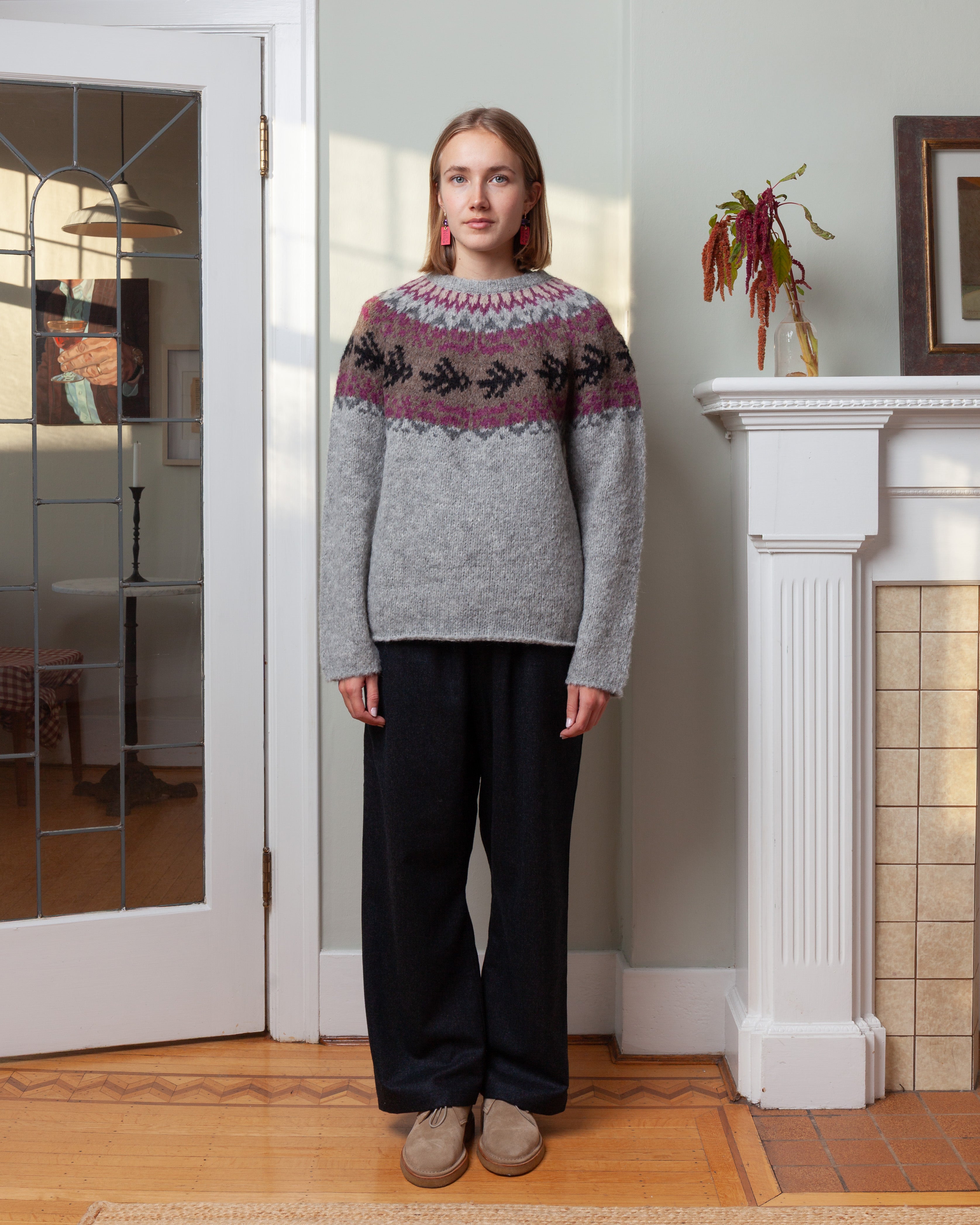 Round Neck Sweater Fairisle Bird L.S. - Light Gray