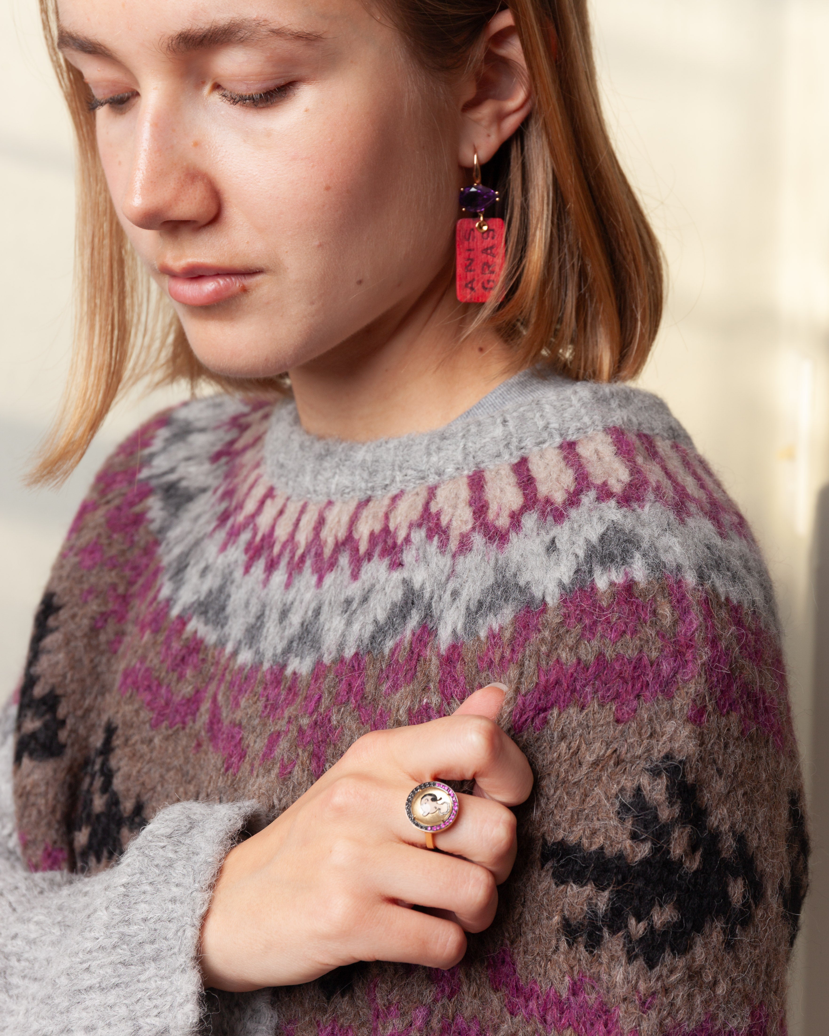 Round Neck Sweater Fairisle Bird L.S. - Light Gray