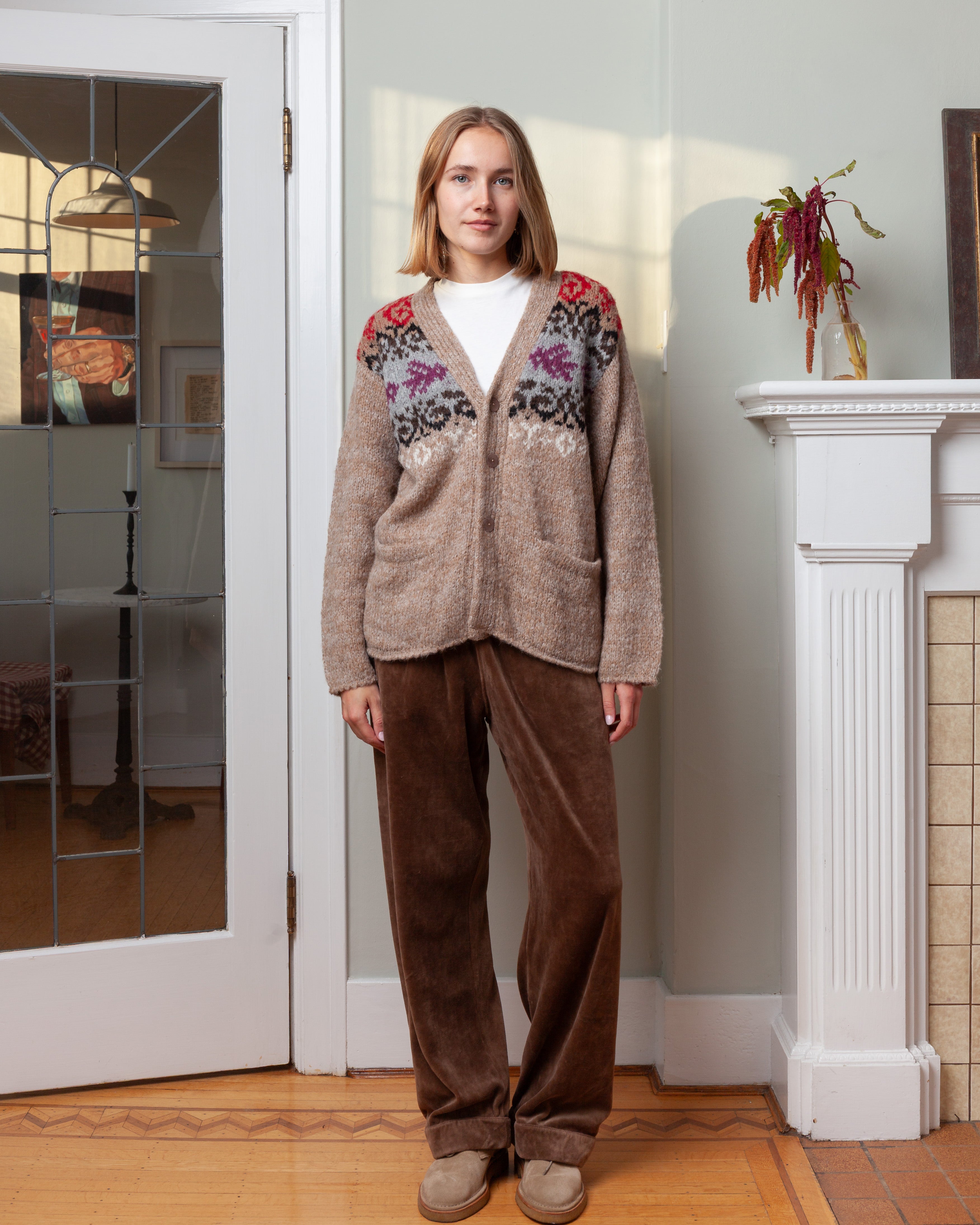 3 Buttons Fairisle V Neck Cardigan - Beige