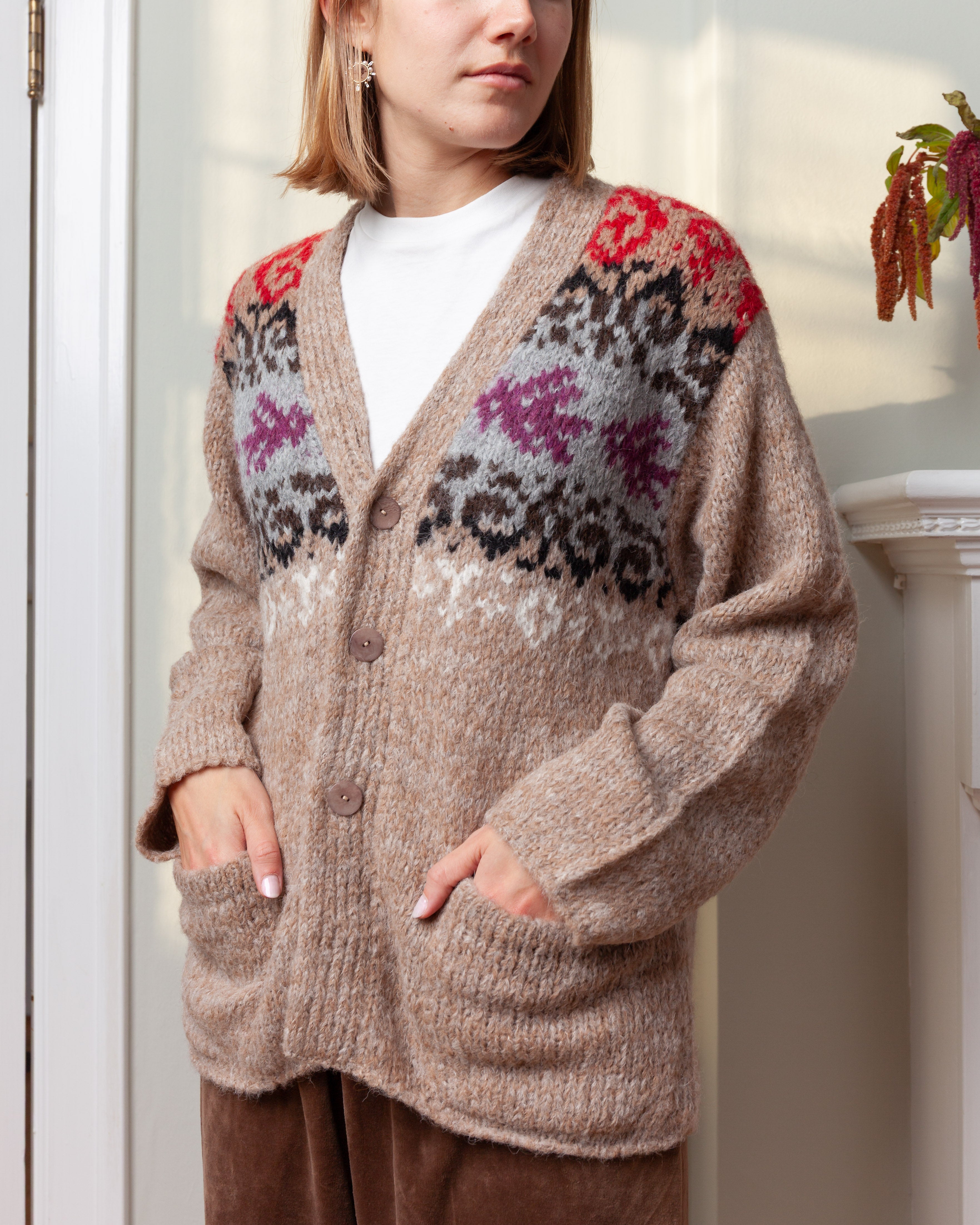 3 Buttons Fairisle V Neck Cardigan - Beige