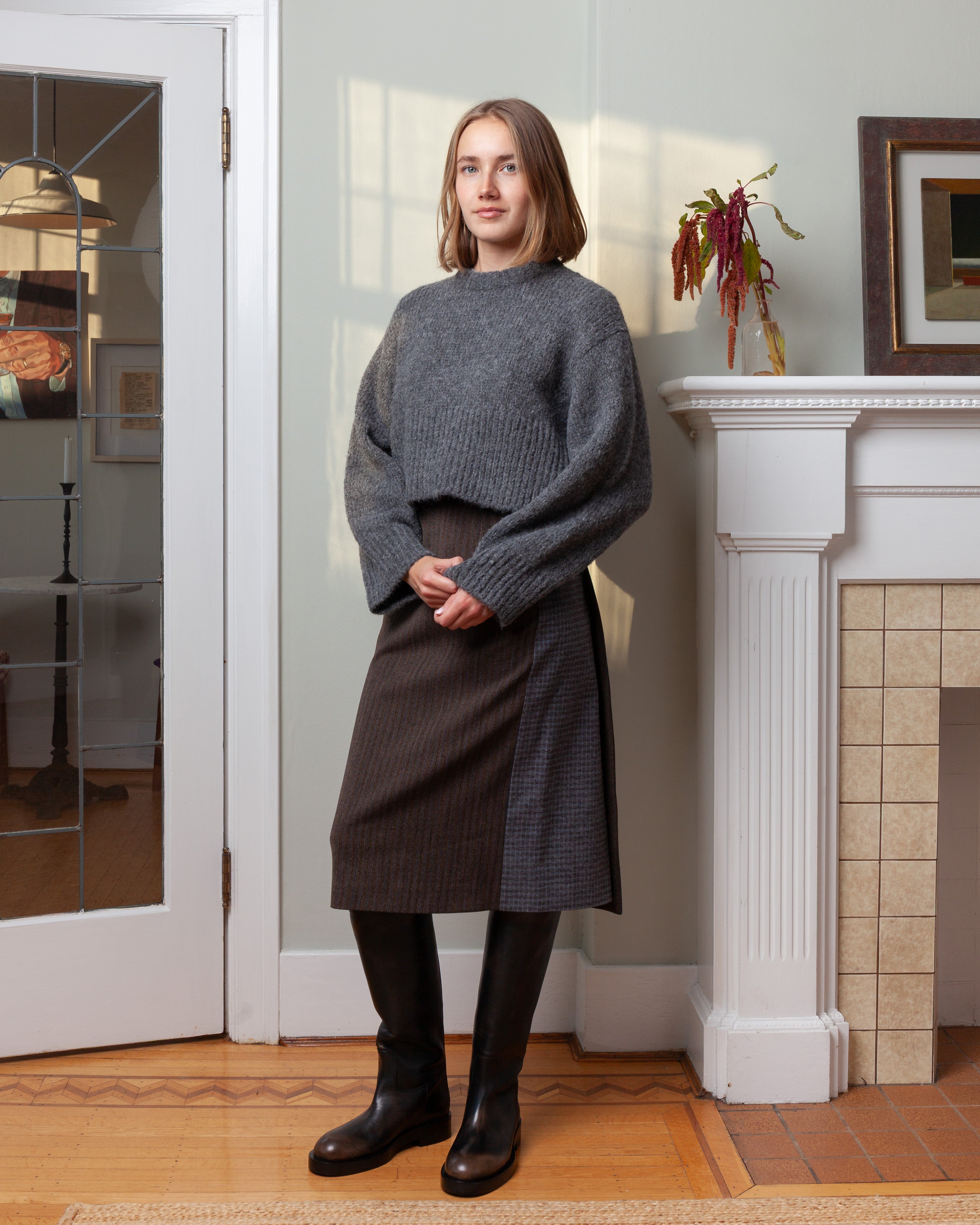 Wool Straight-Cut Midi Skirt - Brown/Blue