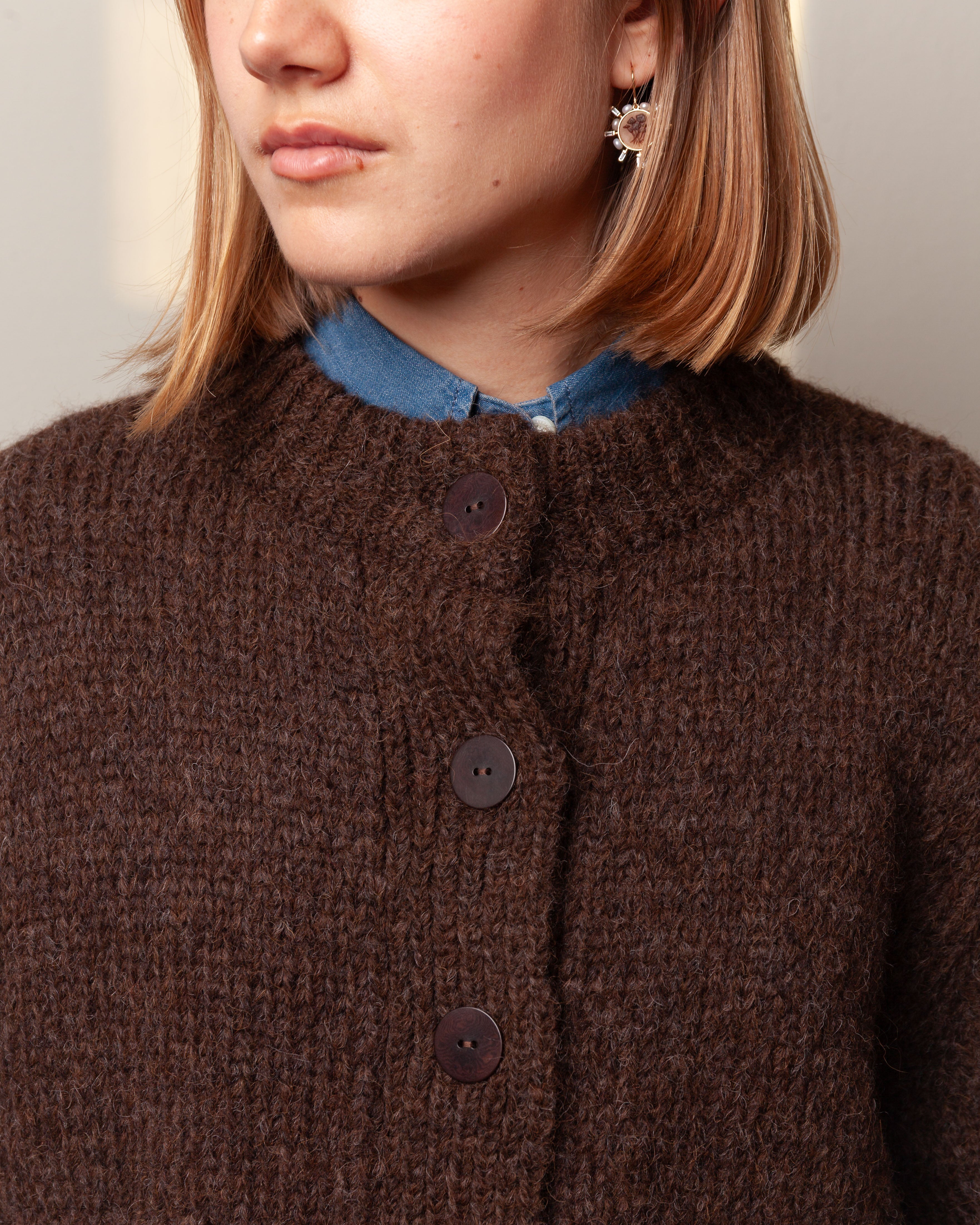 3 Threads Round Neck 5 Button Cardigan - Dark Brown