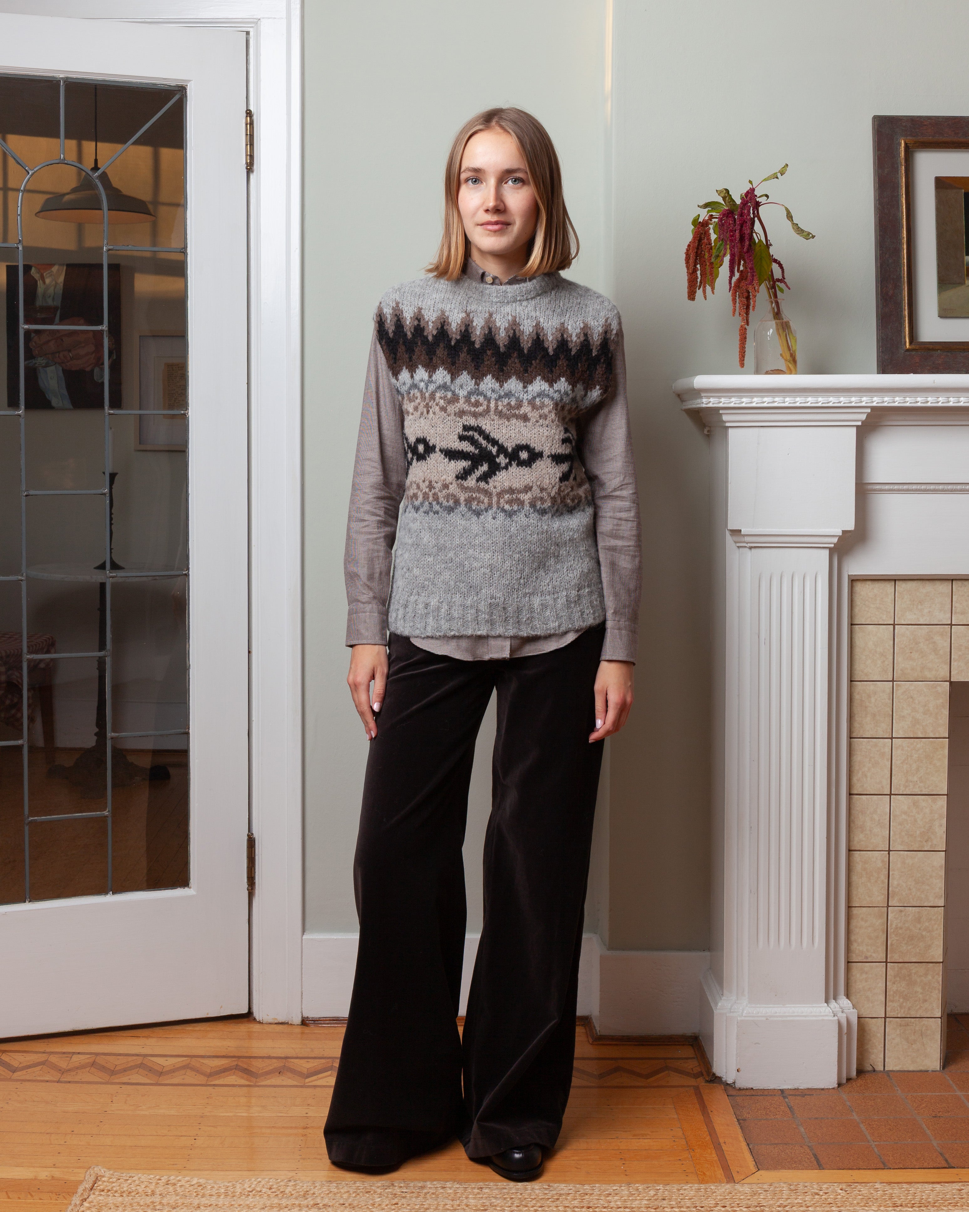 Round Neck Sleeveless Fairisle Pullover - Light Gray