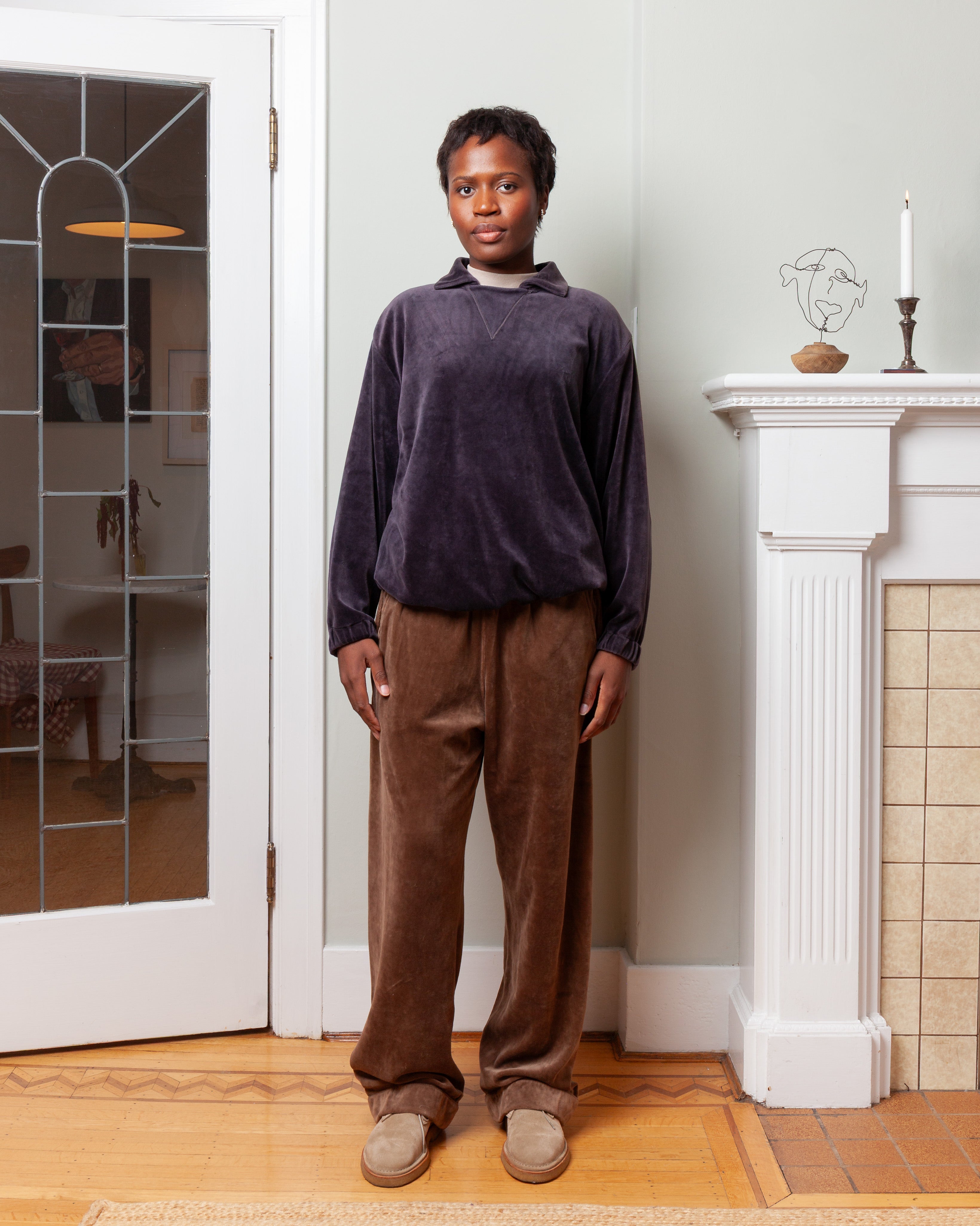 Velvet Flat Collar Top - Washed Black