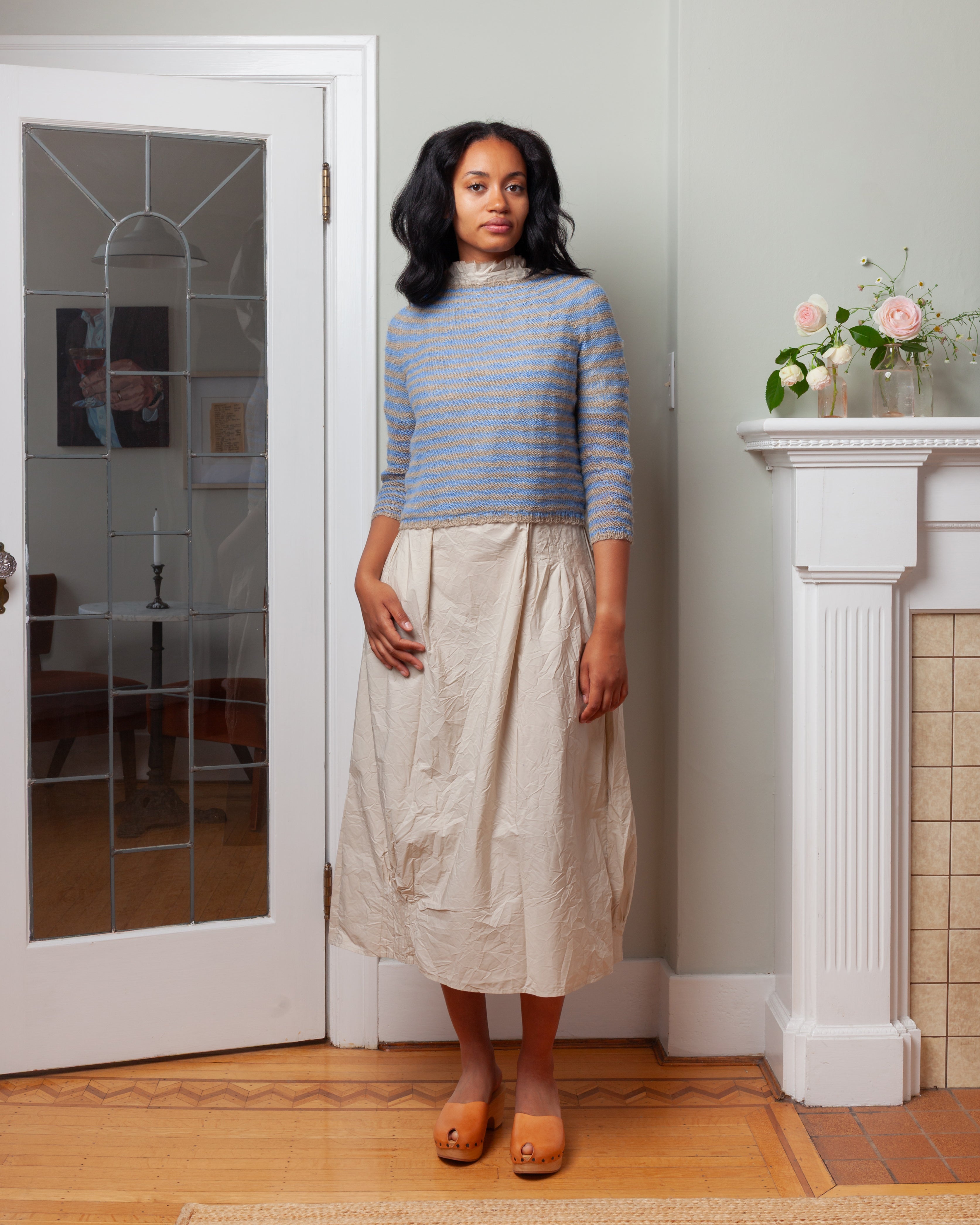 Daniela Gregis-Girocollo Hand-Knitted Crew-Neck Sweater Oceano Rigato - Natural Light Blue-Sweaters-Boboli-Vancouver-Canada