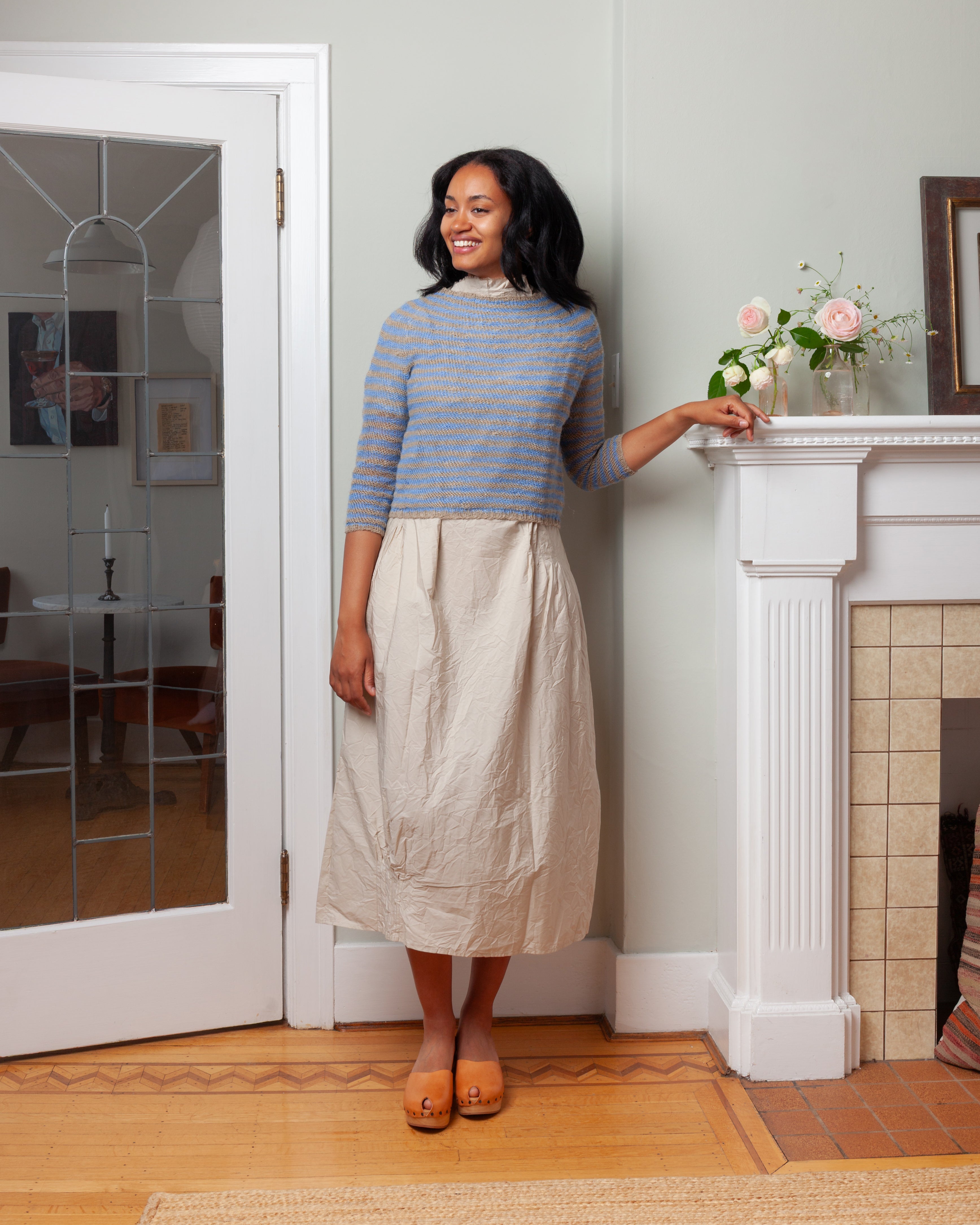 Daniela Gregis-Girocollo Hand-Knitted Crew-Neck Sweater Oceano Rigato - Natural Light Blue-Sweaters-Boboli-Vancouver-Canada