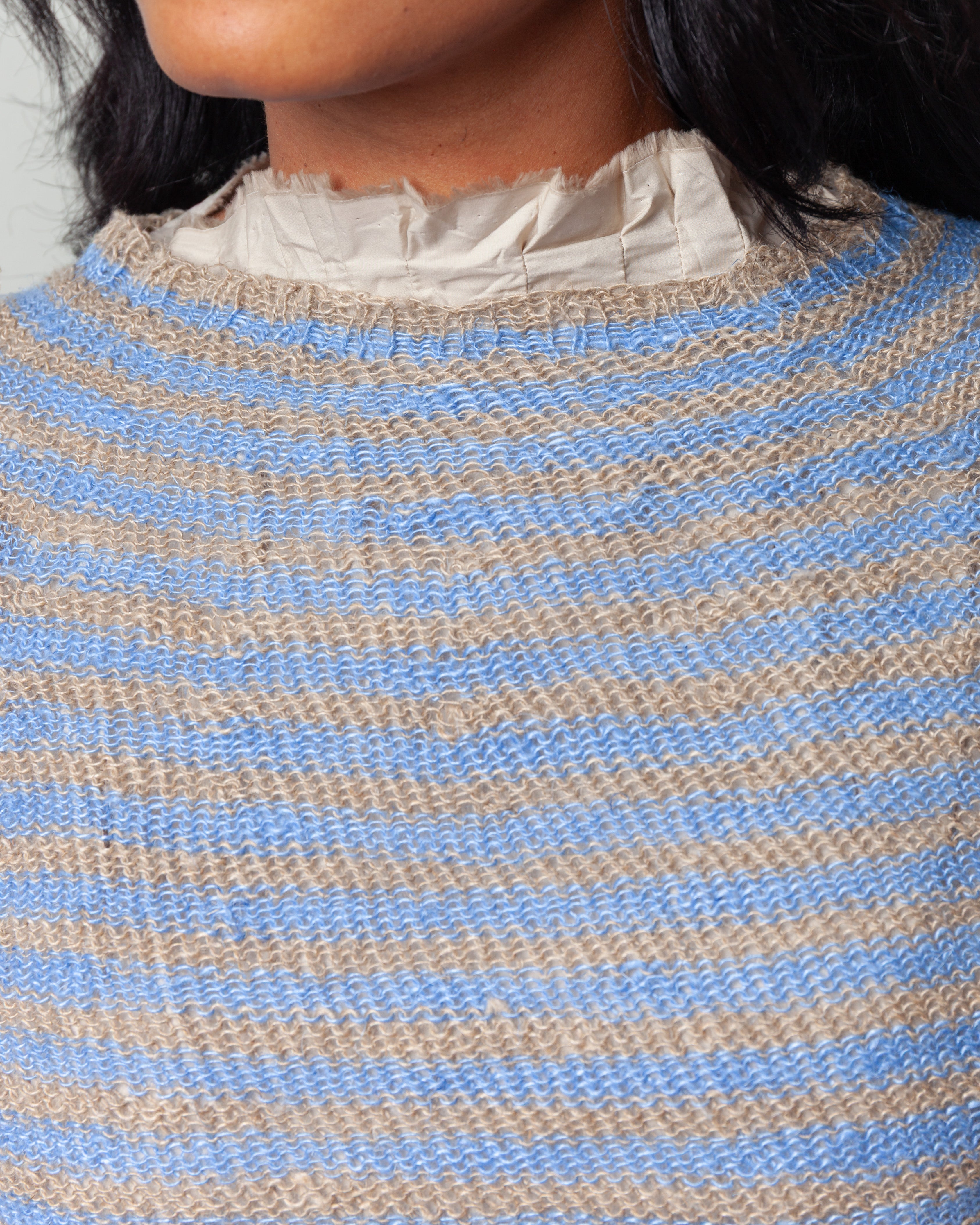 Daniela Gregis-Girocollo Hand-Knitted Crew-Neck Sweater Oceano Rigato - Natural Light Blue-Sweaters-Boboli-Vancouver-Canada