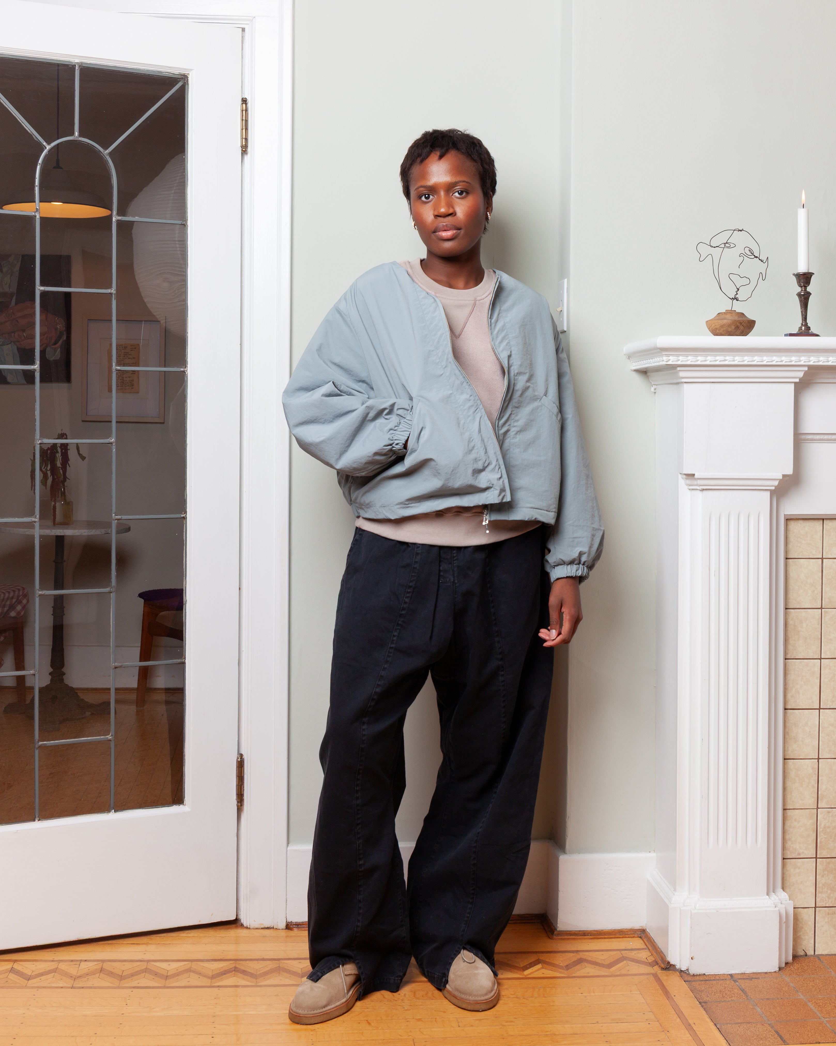 Crew Neck Raw 3/4 Sleeve Sweater - Gray