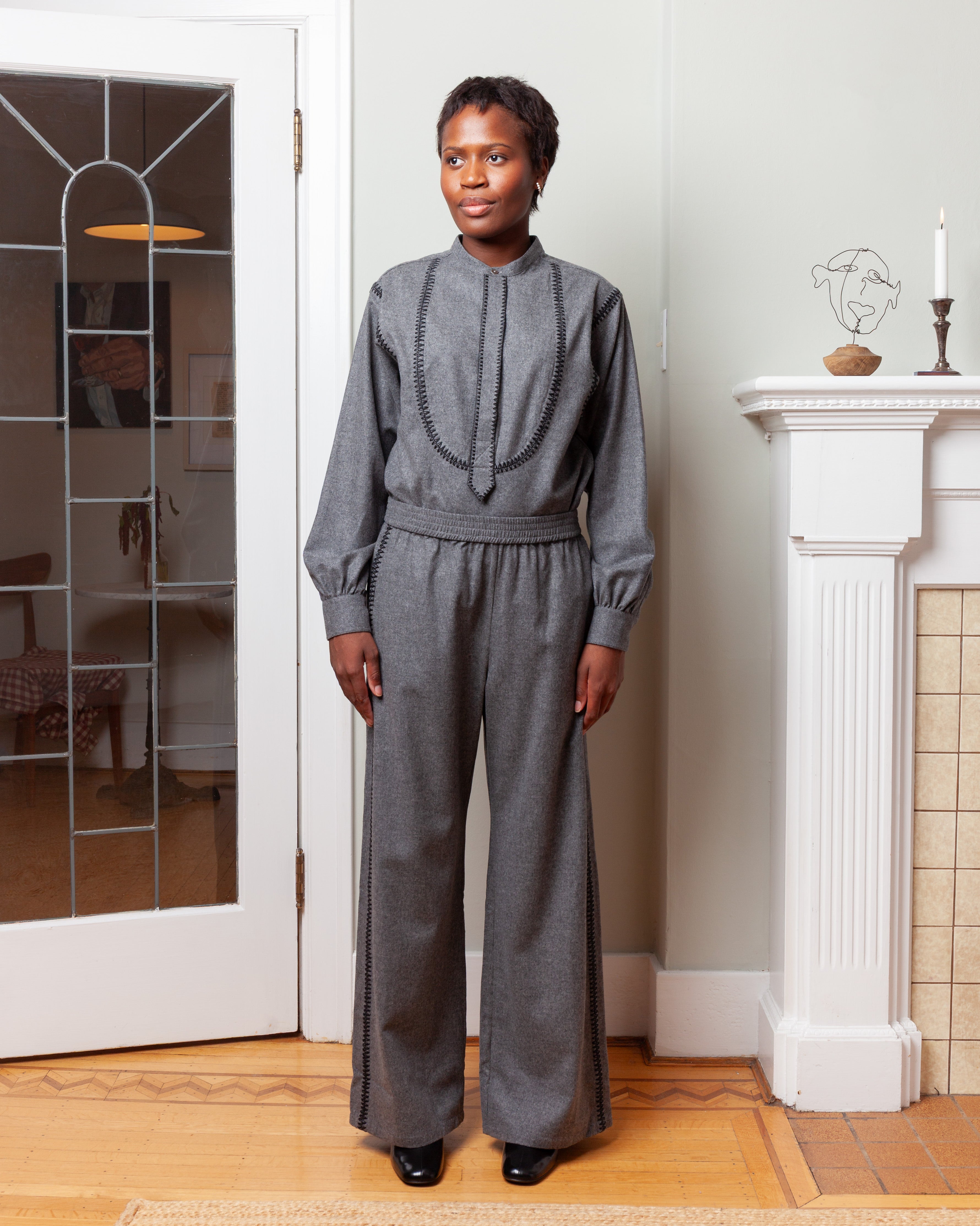 Embroidered Marocaine Pyjama - Charcoal Wool