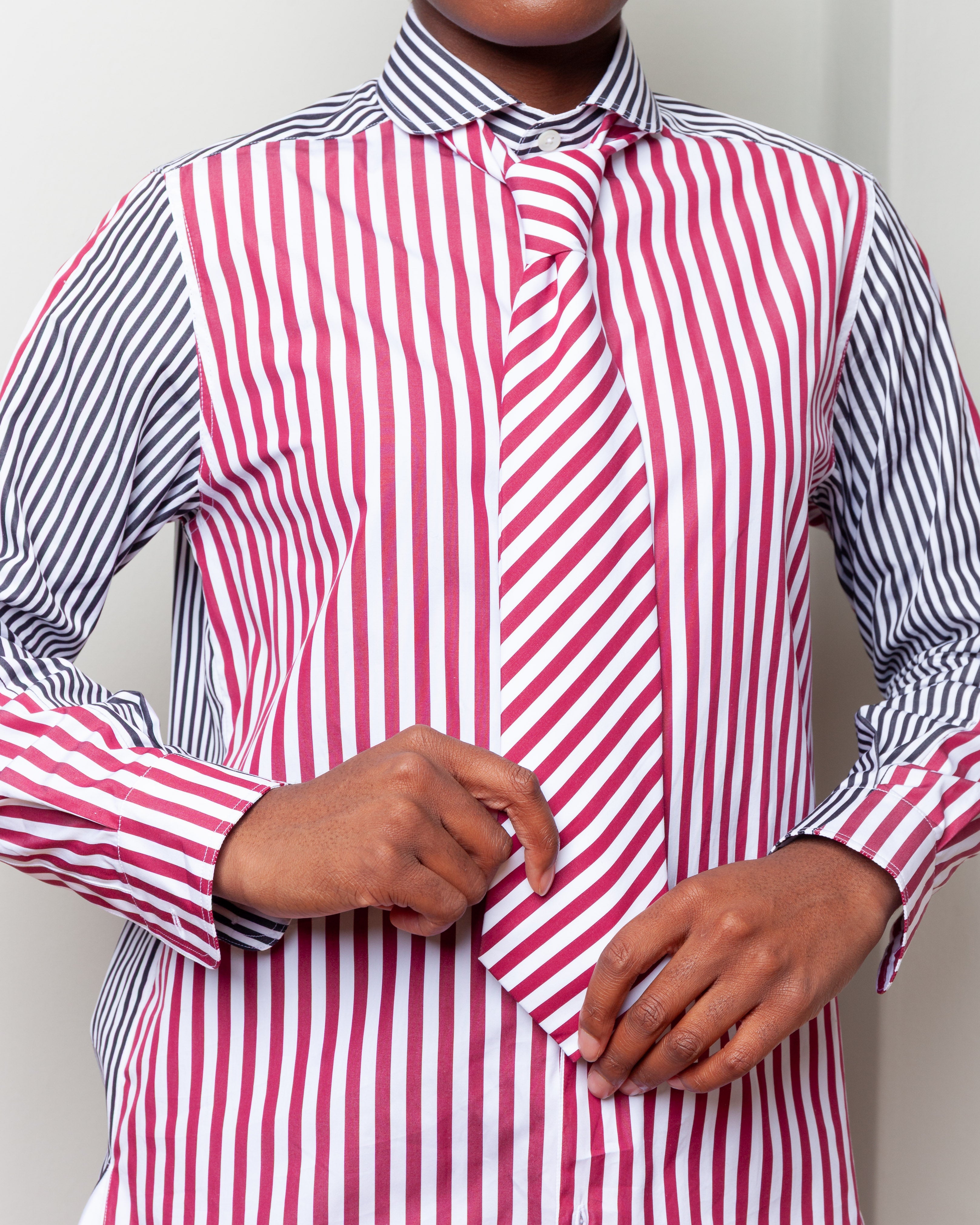 Patchwork Chemise De Garcon - Bordeaux Stripe/Black & White