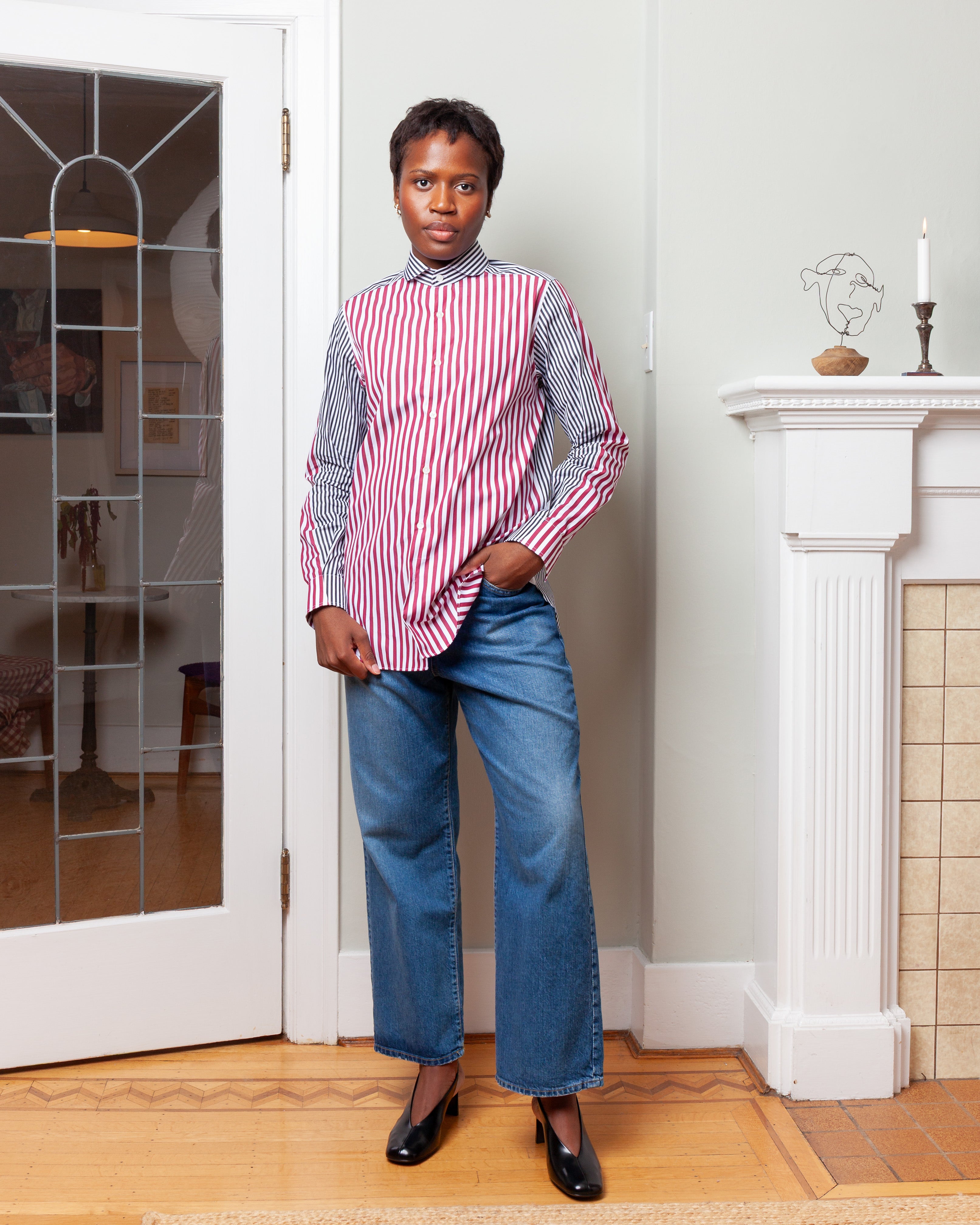 Patchwork Chemise De Garcon - Bordeaux Stripe/Black & White