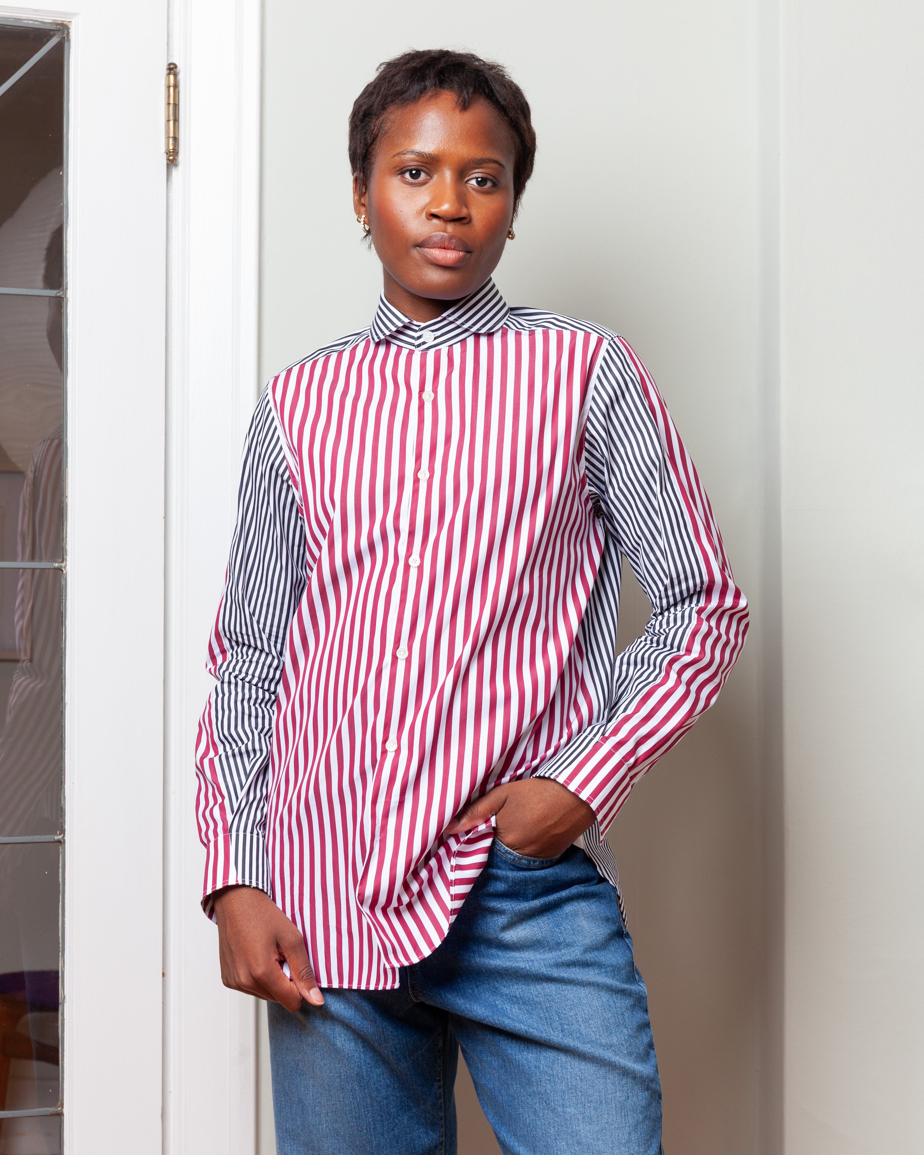 Patchwork Chemise De Garcon - Bordeaux Stripe/Black & White