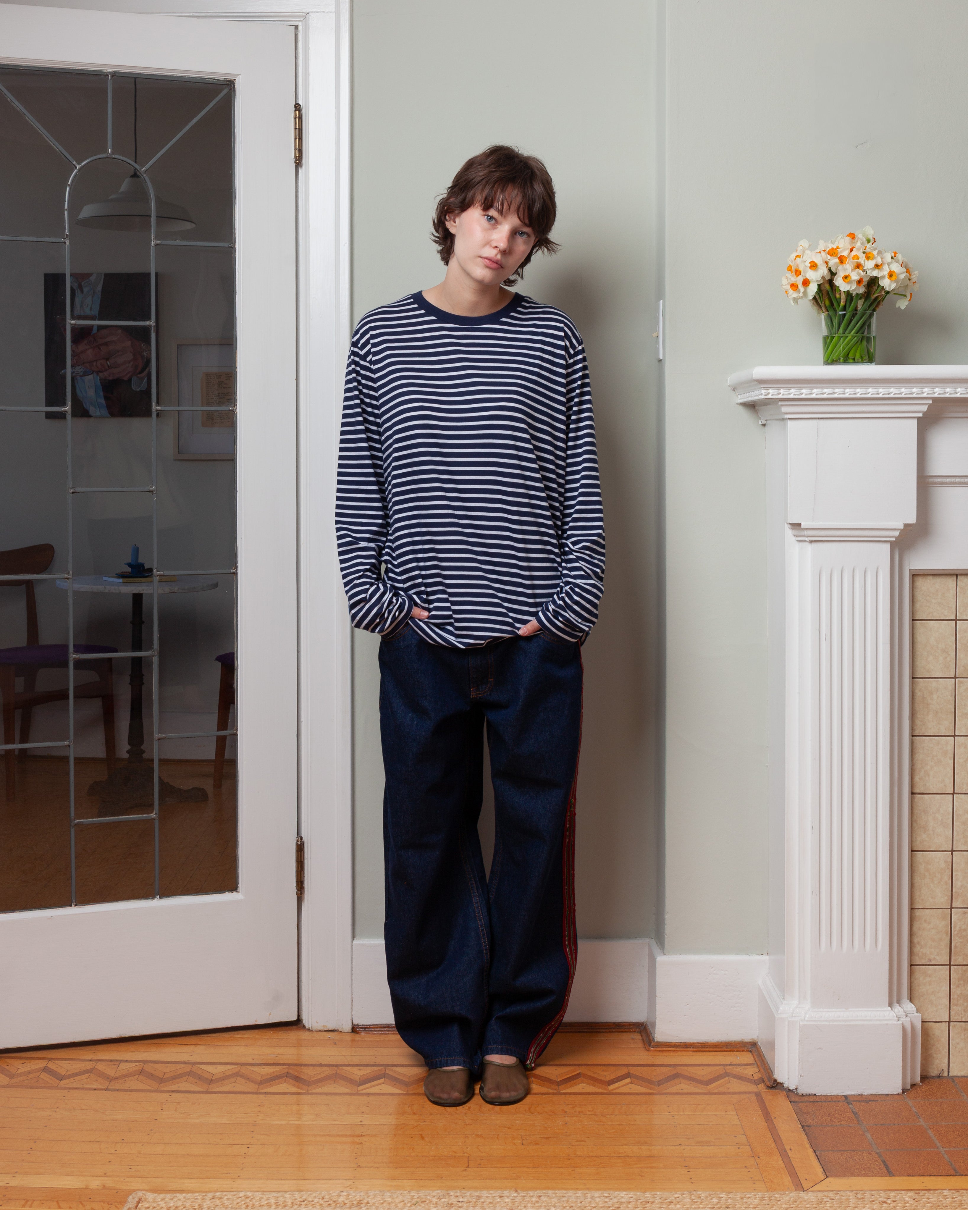 Striped Round Neck L.S. T-Shirt - White/Navy