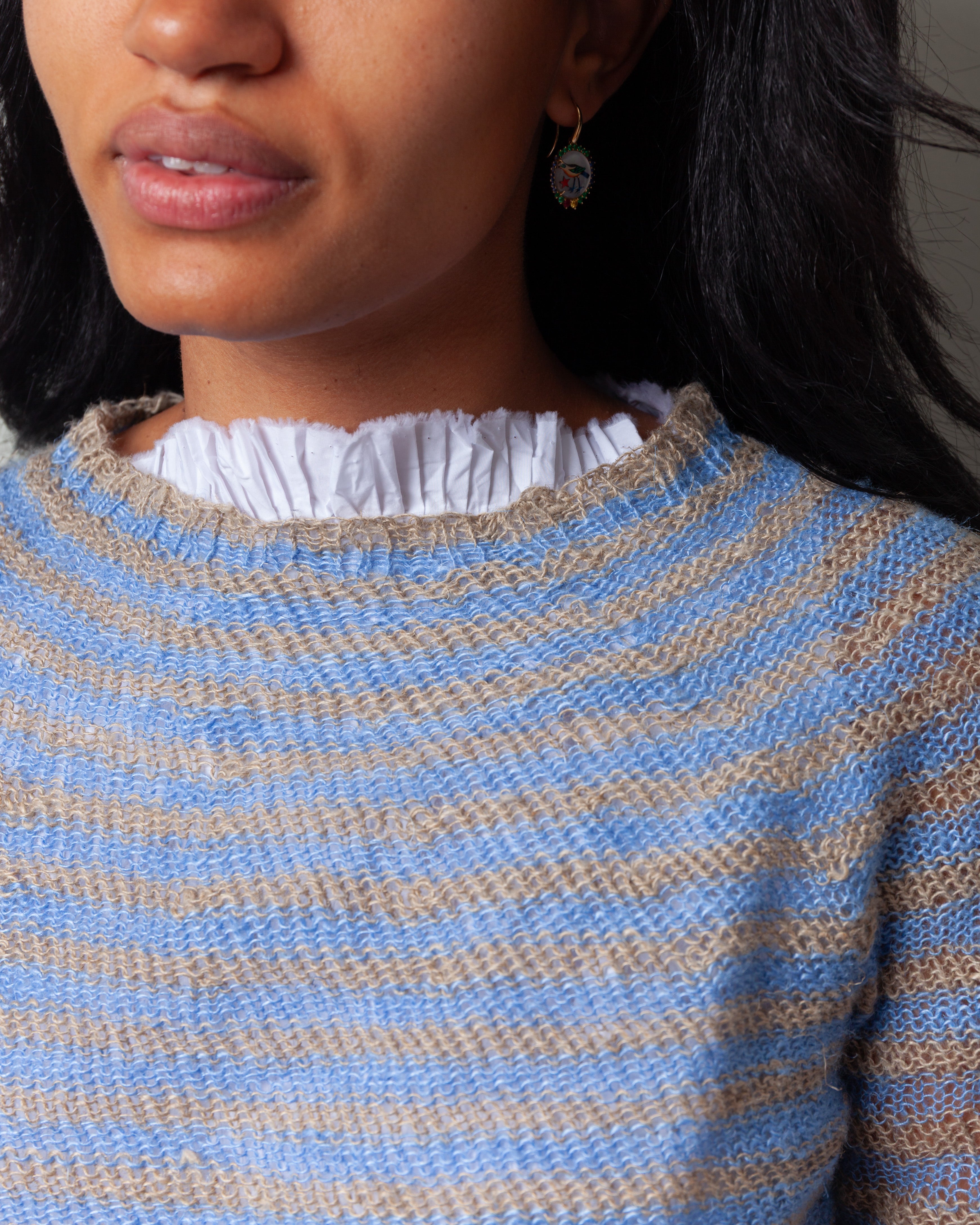 Daniela Gregis-Girocollo Hand-Knitted Crew-Neck Sweater Oceano Rigato - Natural Light Blue-Sweaters-Boboli-Vancouver-Canada