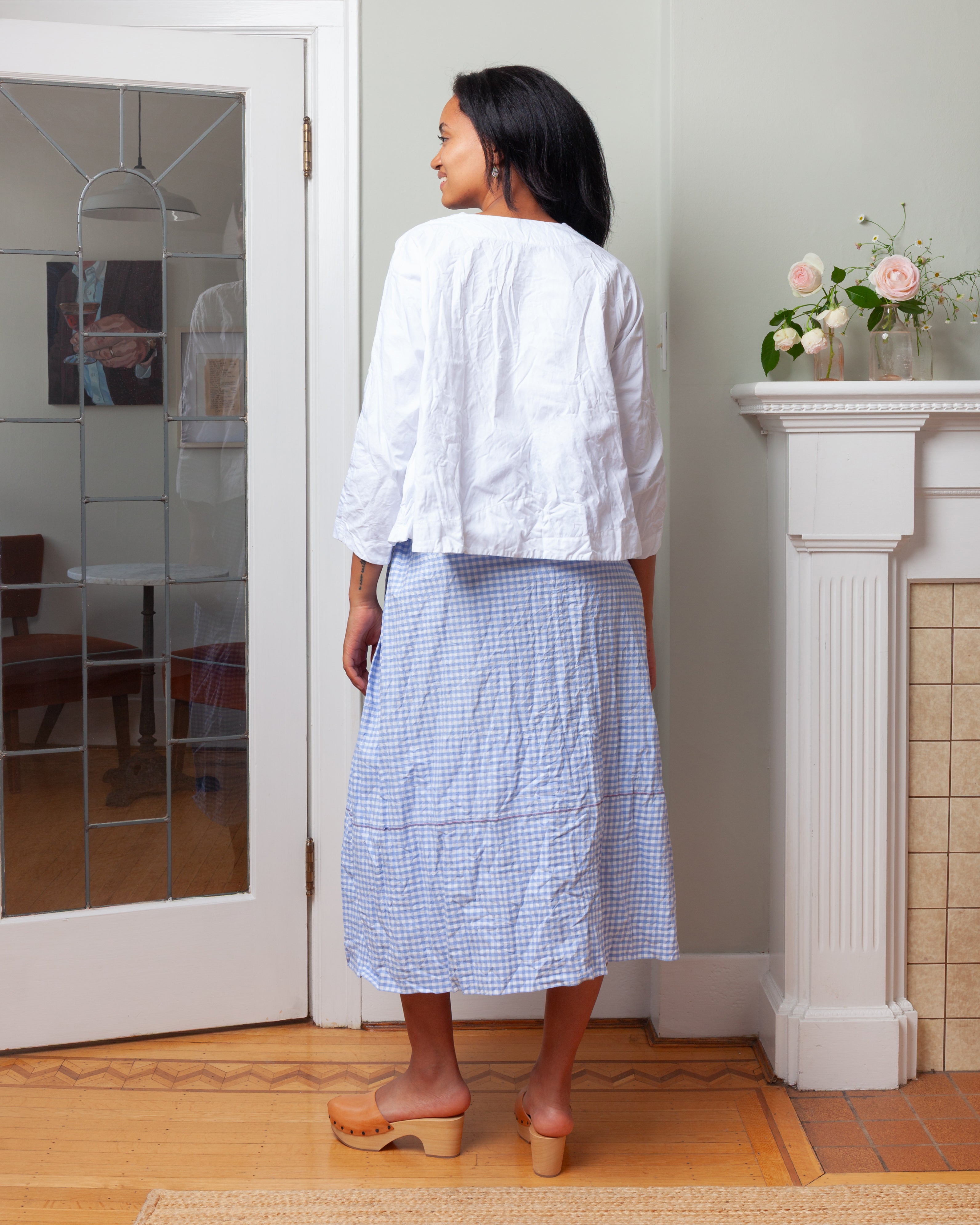 Daniela Gregis-Gonna Skirt Coulisse Meta Lavata - White Light Blue Little Check-Skirts-Boboli-Vancouver-Canada