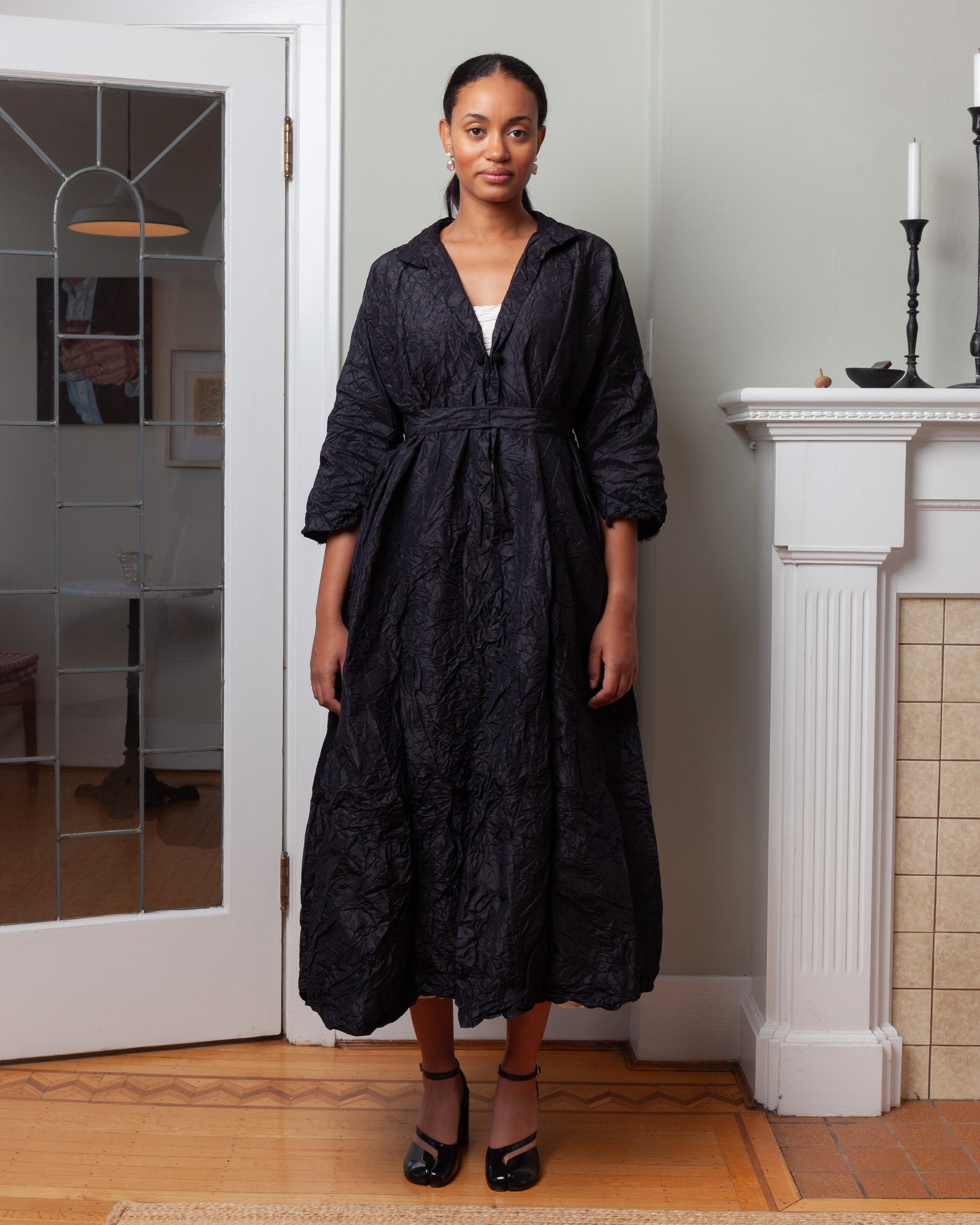 Daniela Gregis-Washed Long Wedge Collar Coat - Black-Coats-Boboli-Vancouver-Canada