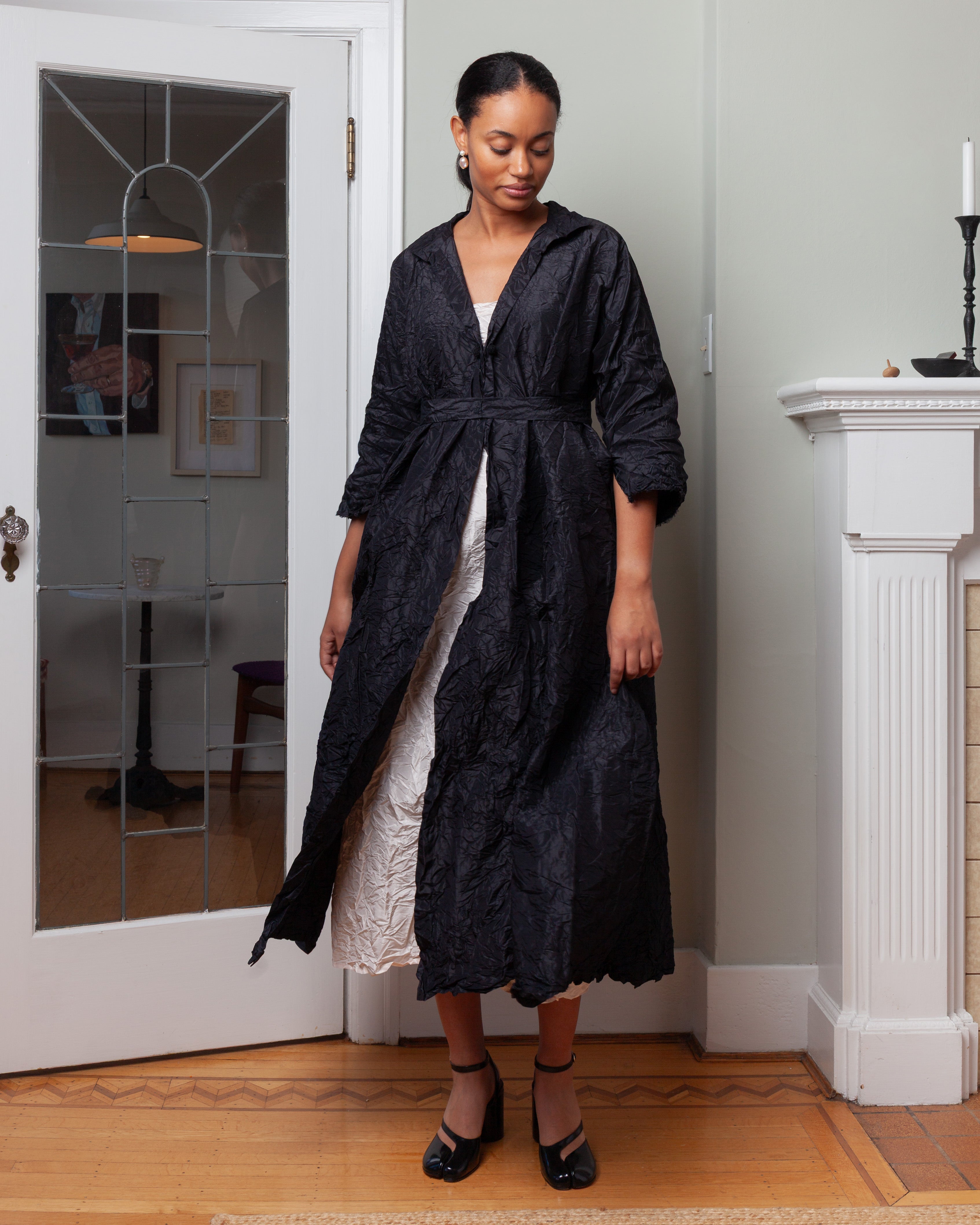 Daniela Gregis-Washed Long Wedge Collar Coat - Black-Coats-Boboli-Vancouver-Canada