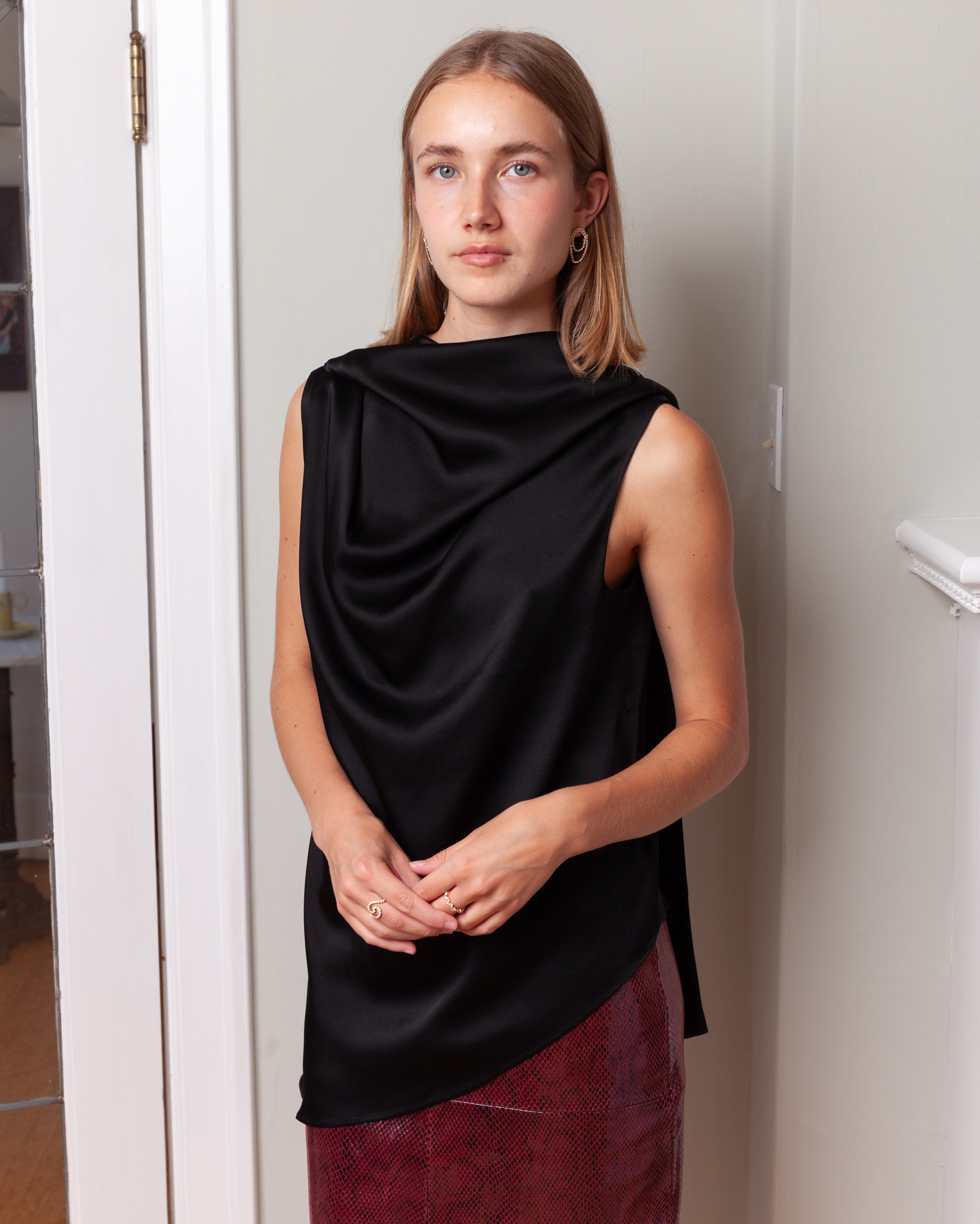 Rohe-Sleeveless Drape Satin Top - Black-Tops-Boboli-Vancouver-Canada