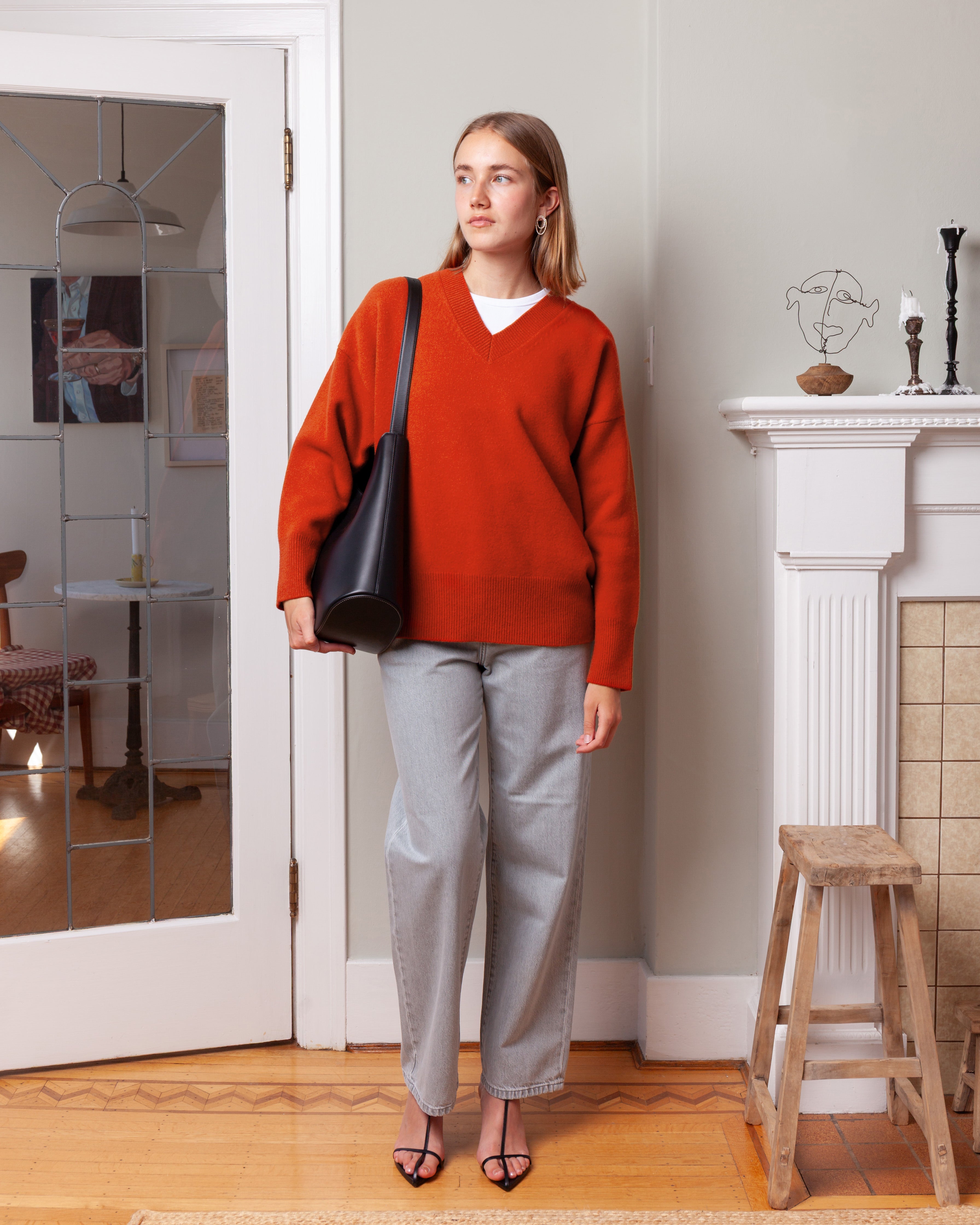 V-Neck Knitted Jumper - Burnt Orange