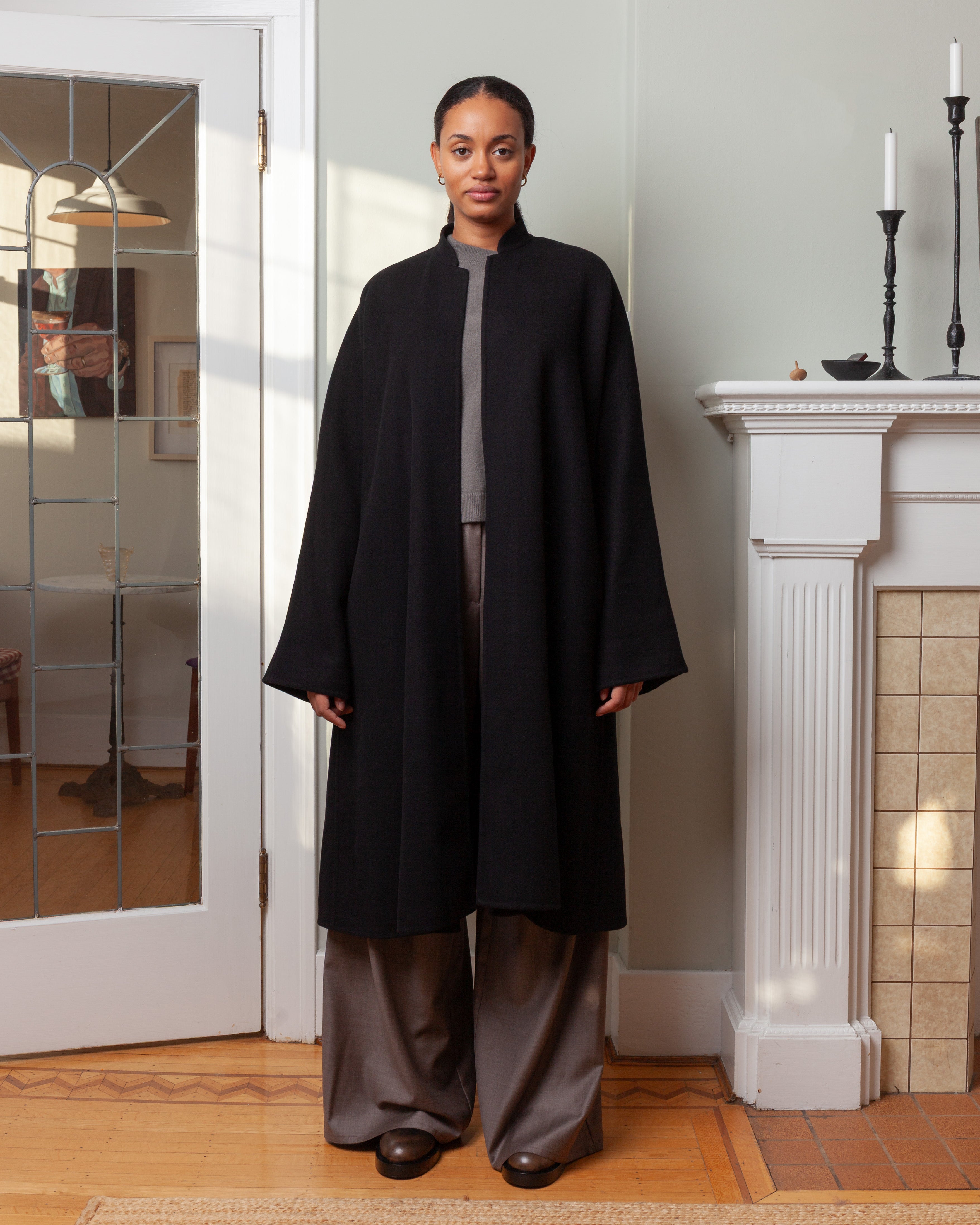 Long Kimono Coat Panno Wool - Black