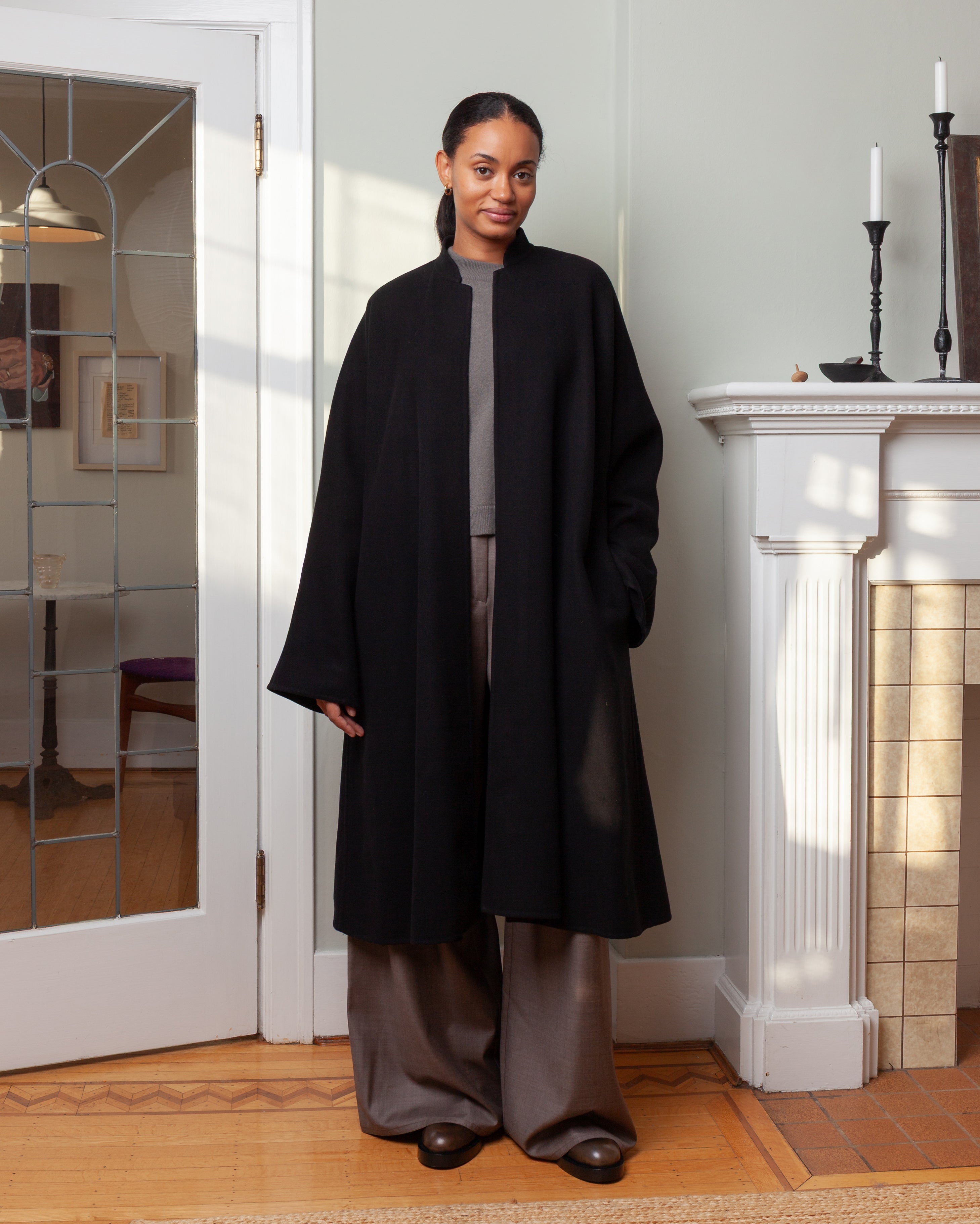 Long Kimono Coat Panno Wool - Black