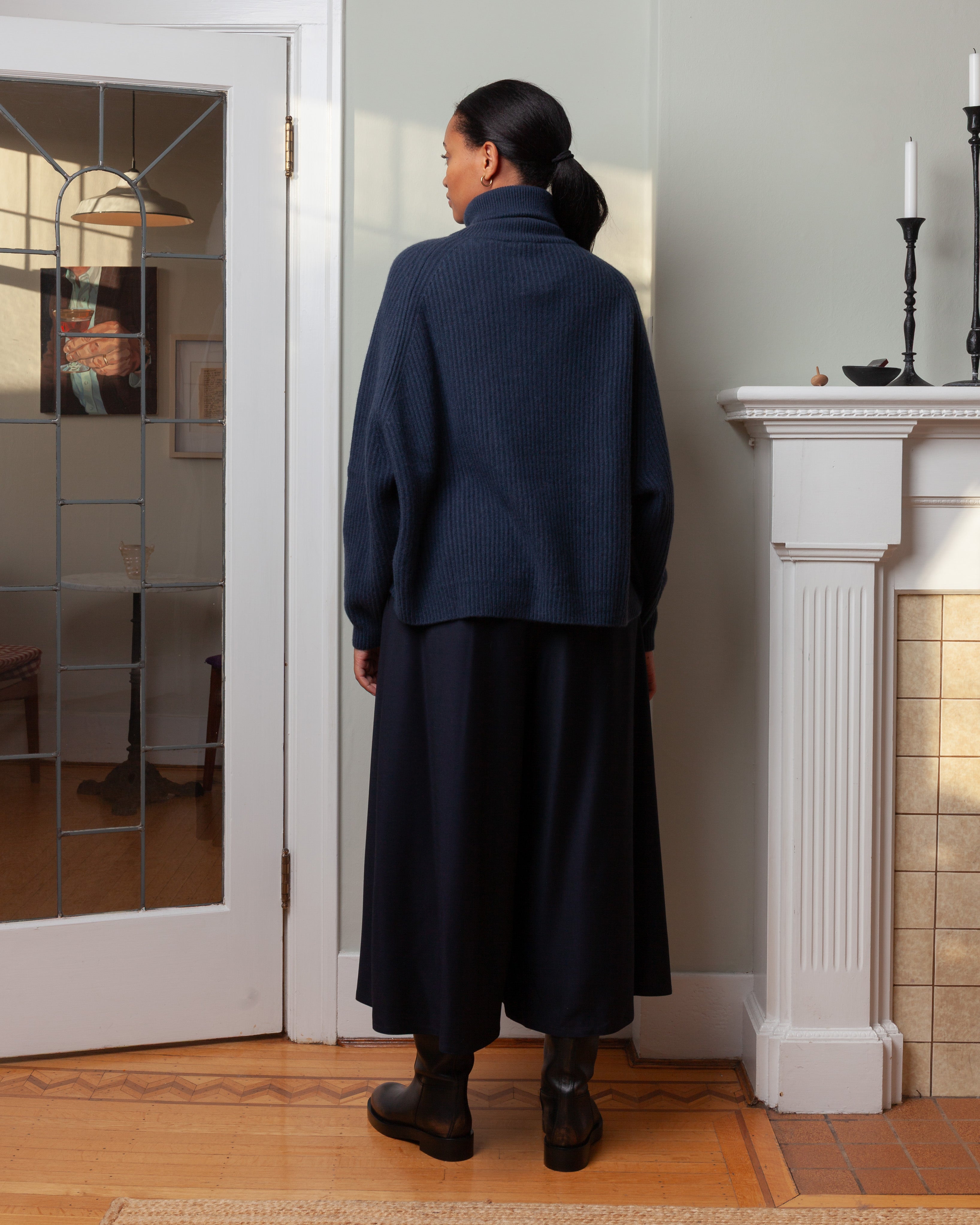 Cashmere T-Neck Ribbed Raglan Sweater - Pacific