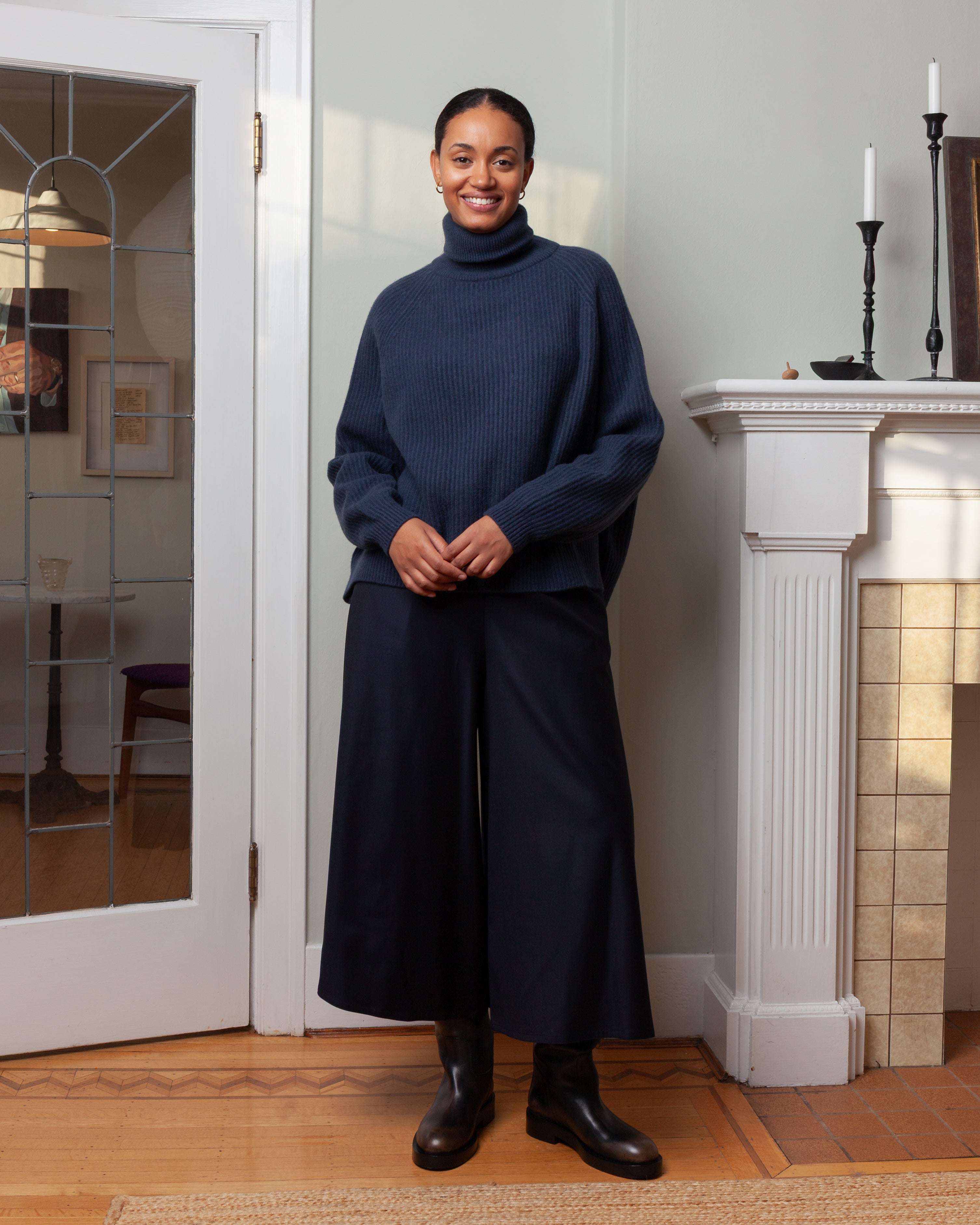 Cashmere T-Neck Ribbed Raglan Sweater - Pacific