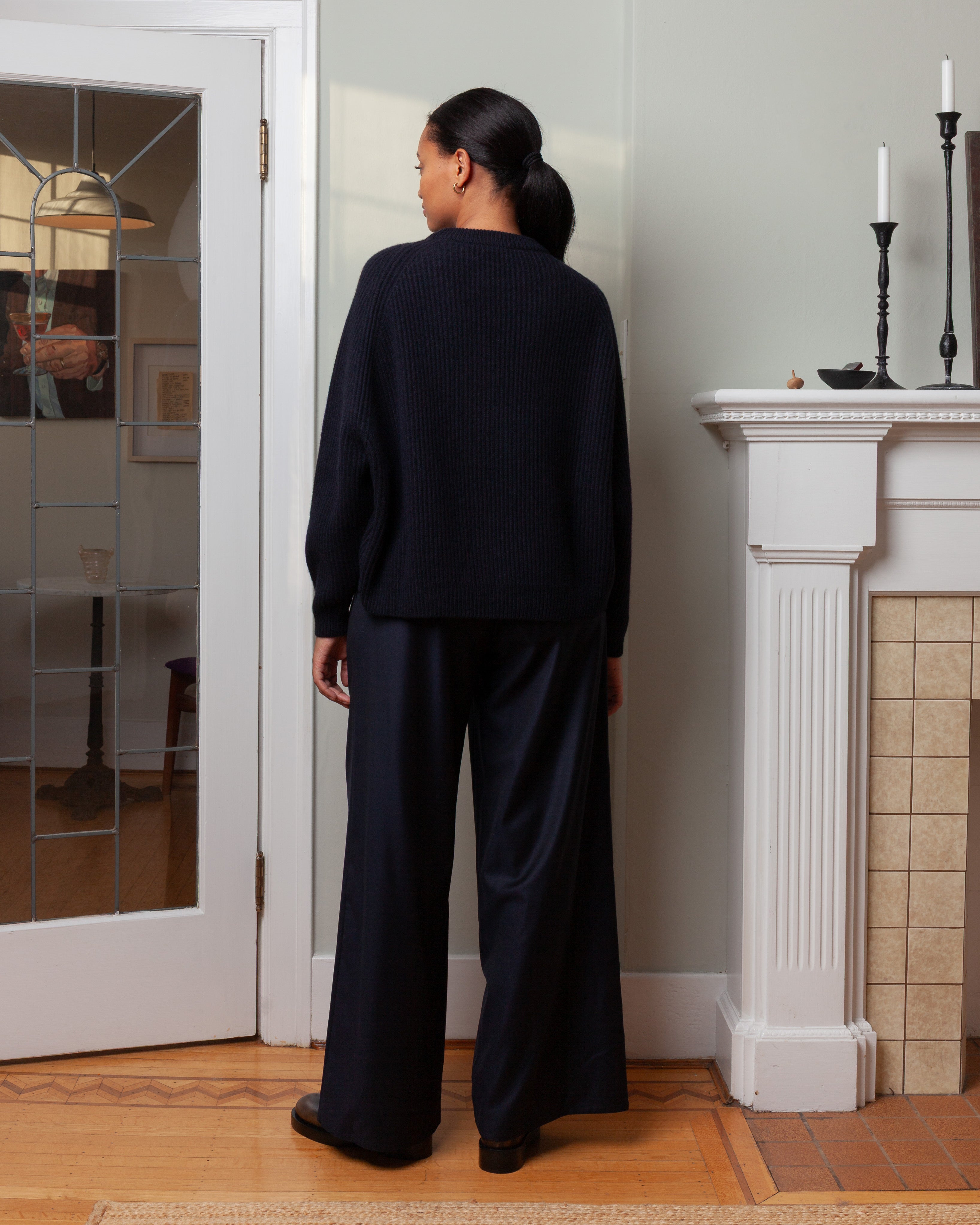 Crew Neck Ribbed Raglan Sweater - Midnight