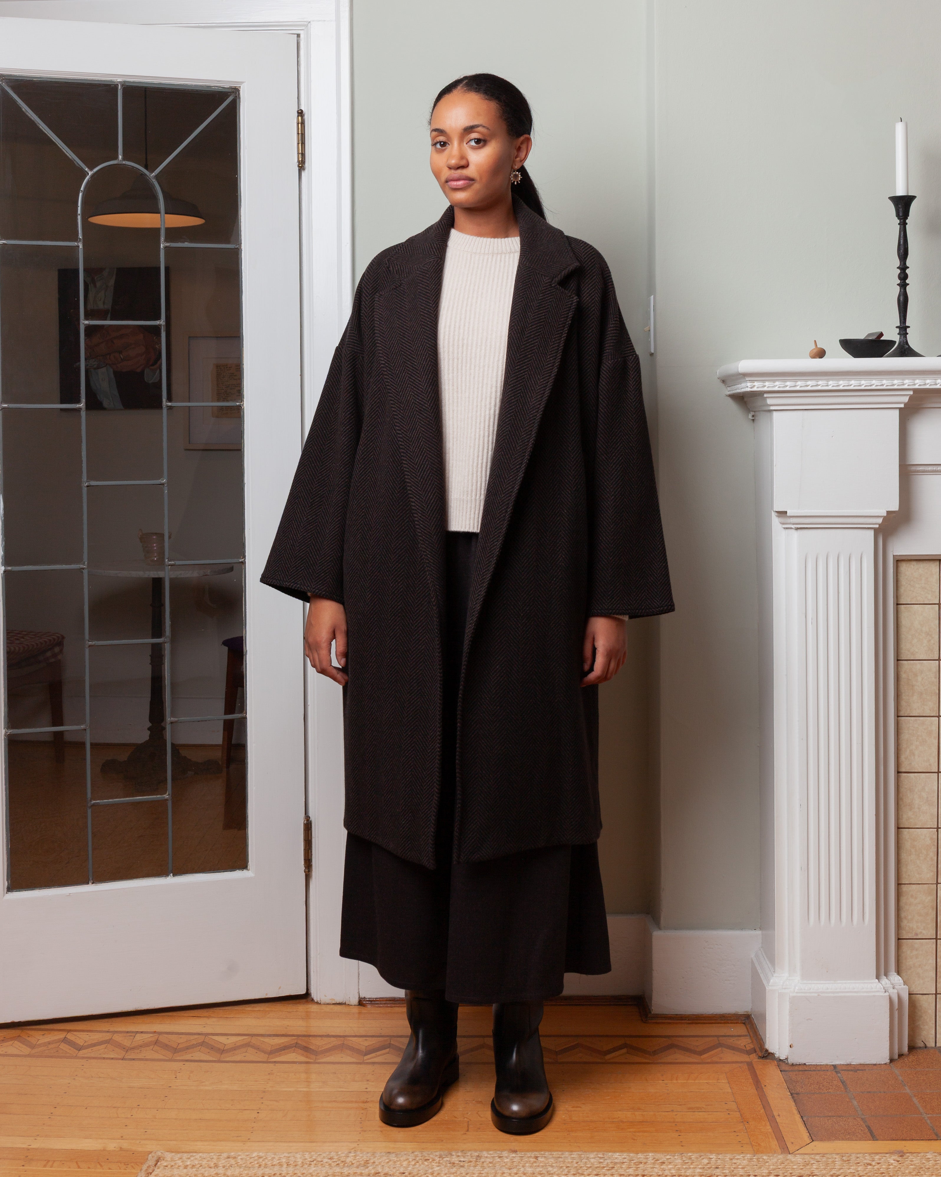 Oversized Cashmere Herringbone Coat  - Brown
