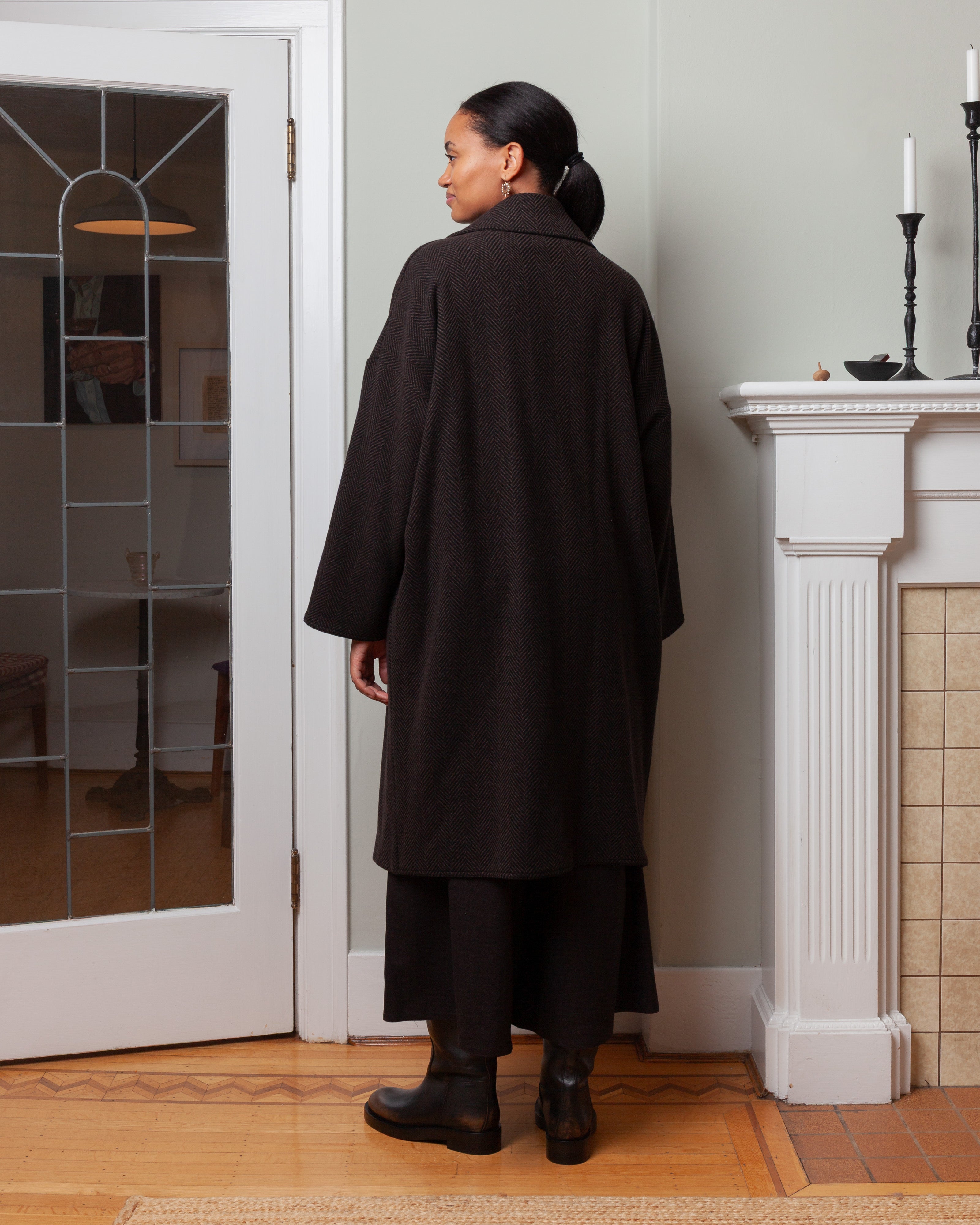 Oversized Cashmere Herringbone Coat  - Brown