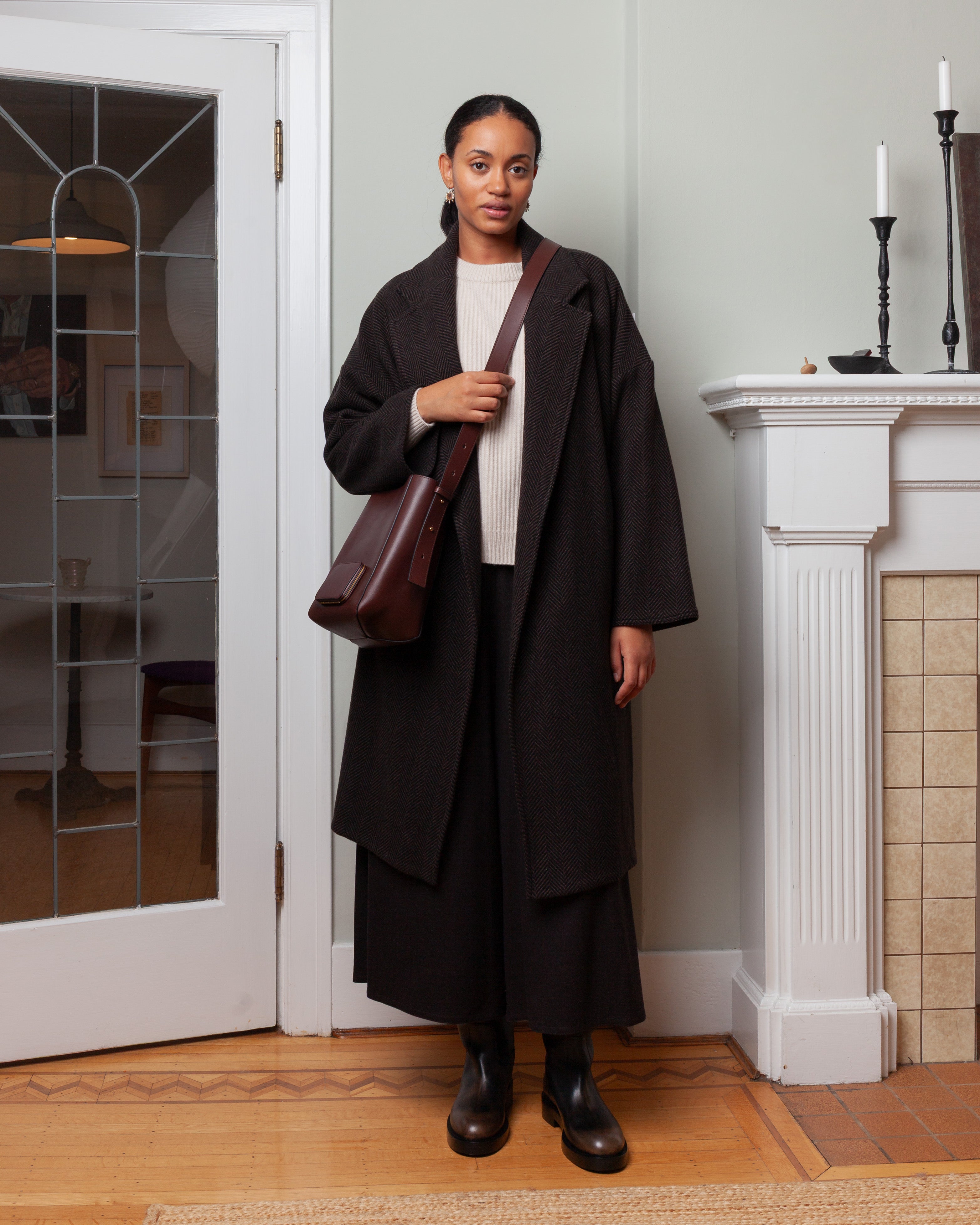 Oversized Cashmere Herringbone Coat  - Brown
