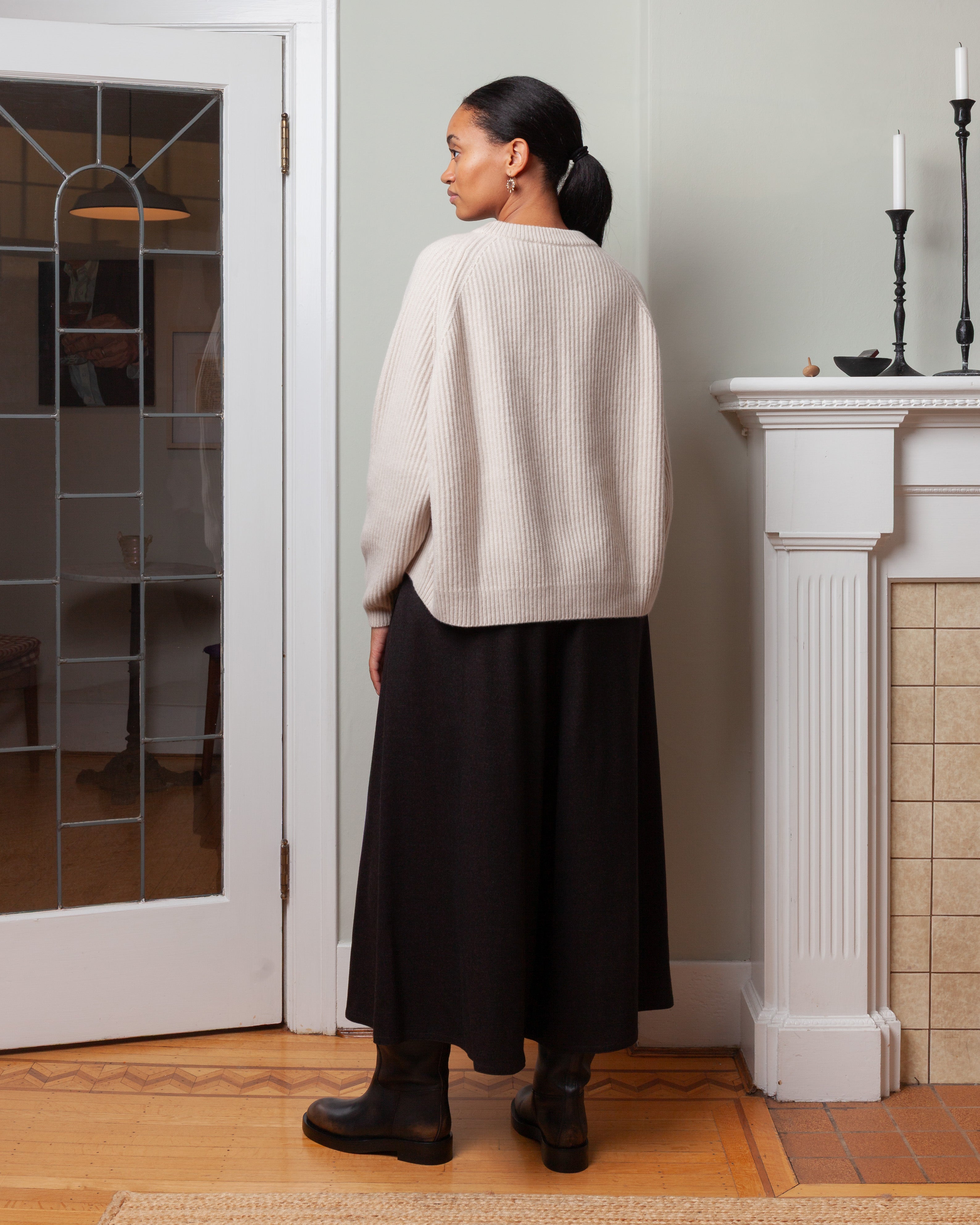 Crew Neck Ribbed Raglan Sweater - Oatmeal