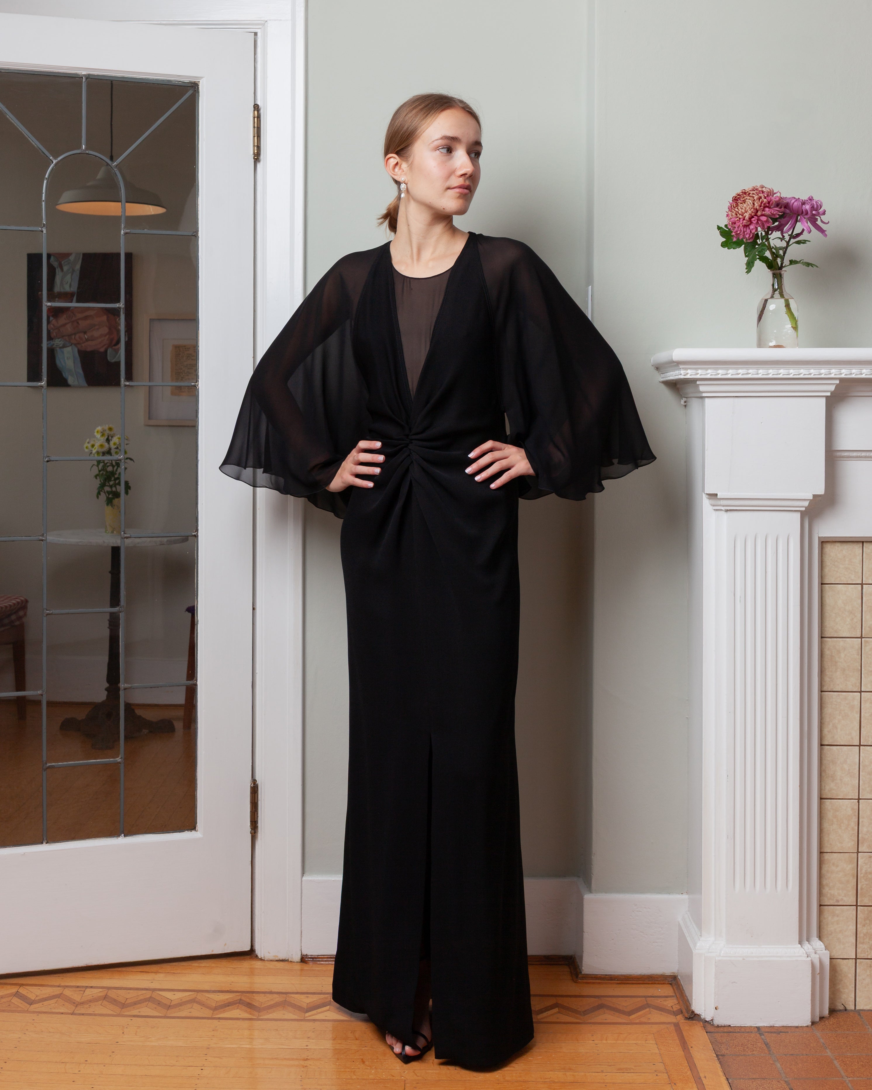 Midi Dress w/Veiled Sleeves - Black