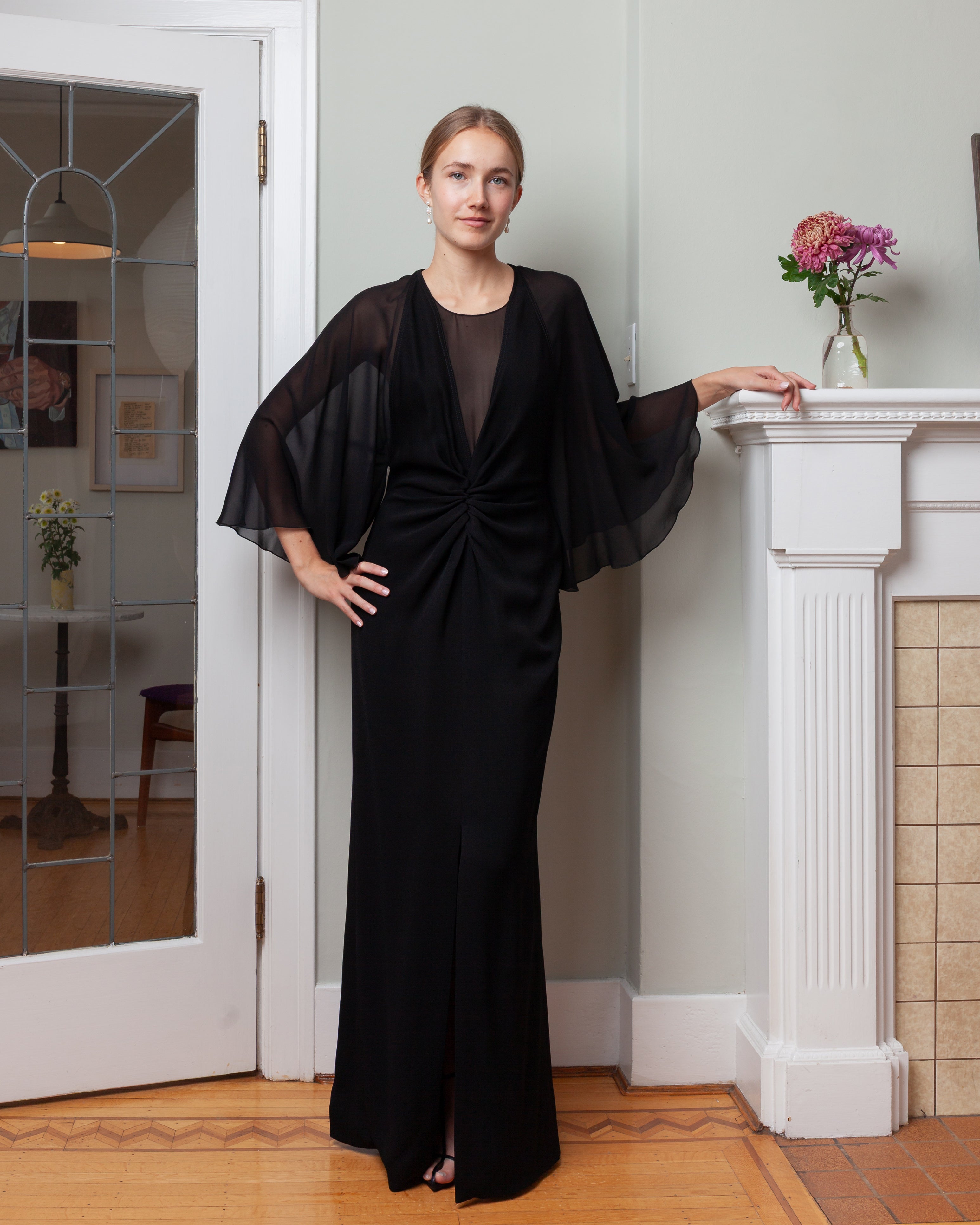 Midi Dress w/Veiled Sleeves - Black