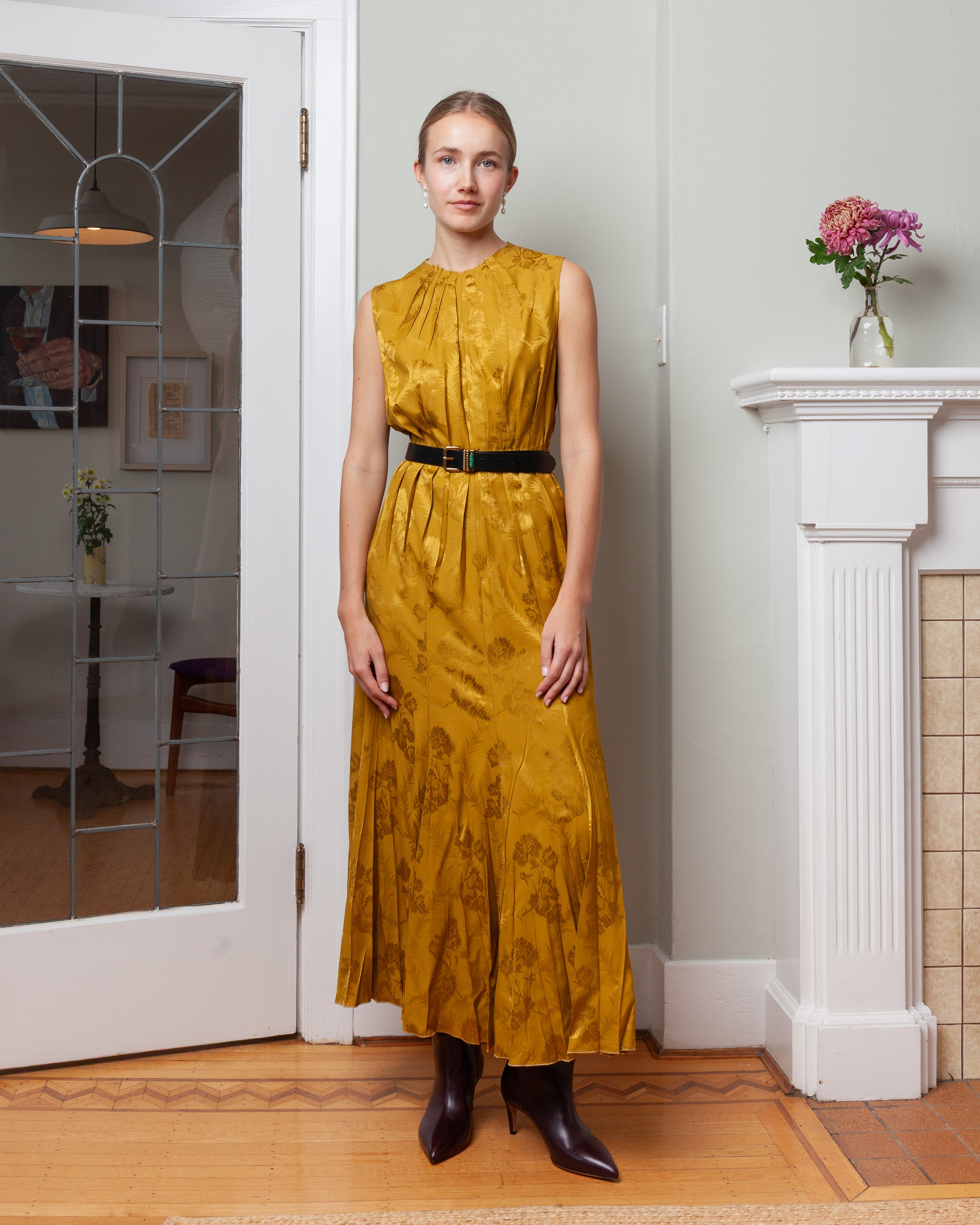 Maxi Panel Dress w/Pleating Detail - Gold