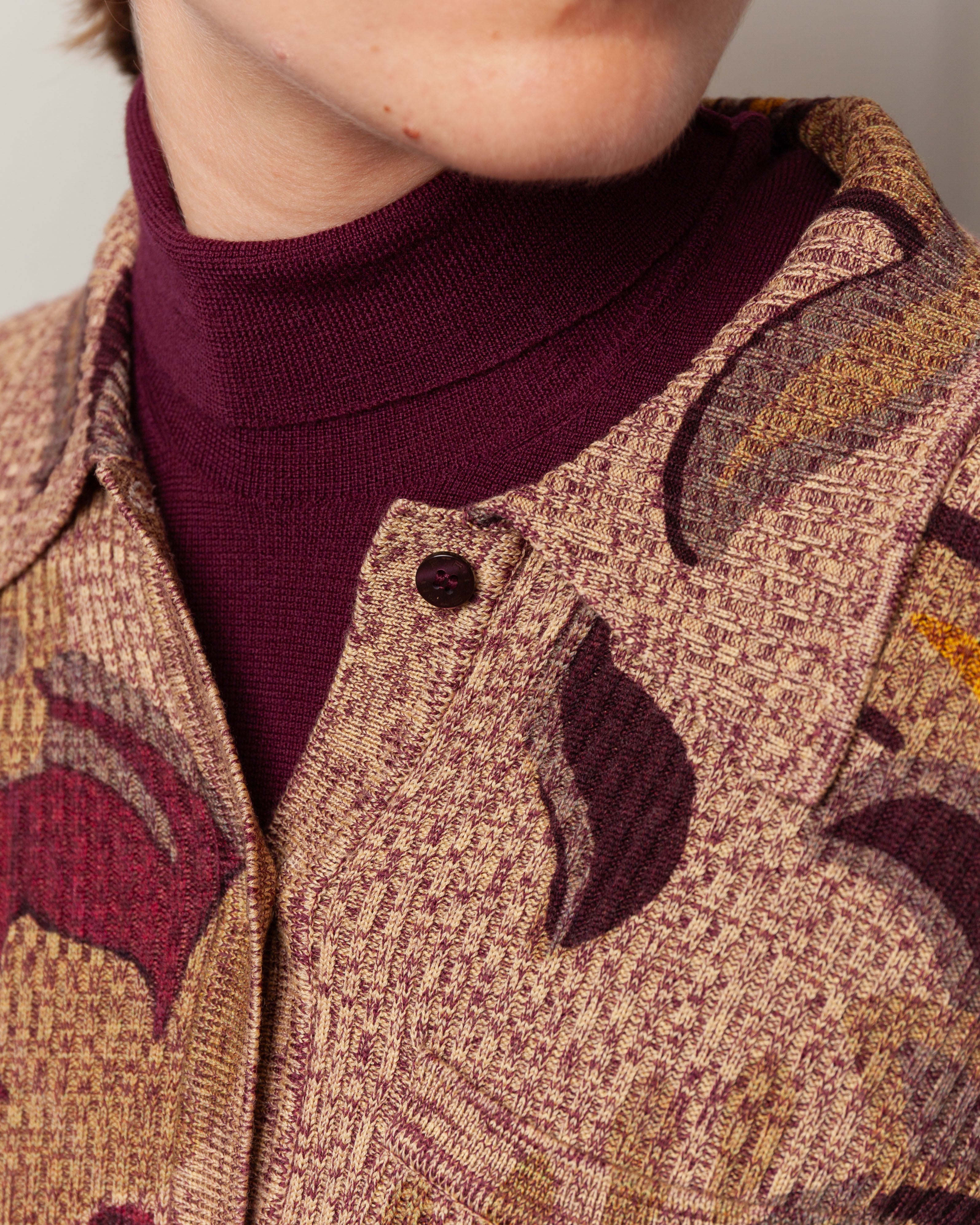 Ribbed Wool Cardigan w/Daffodil Motif - Brown/Multi