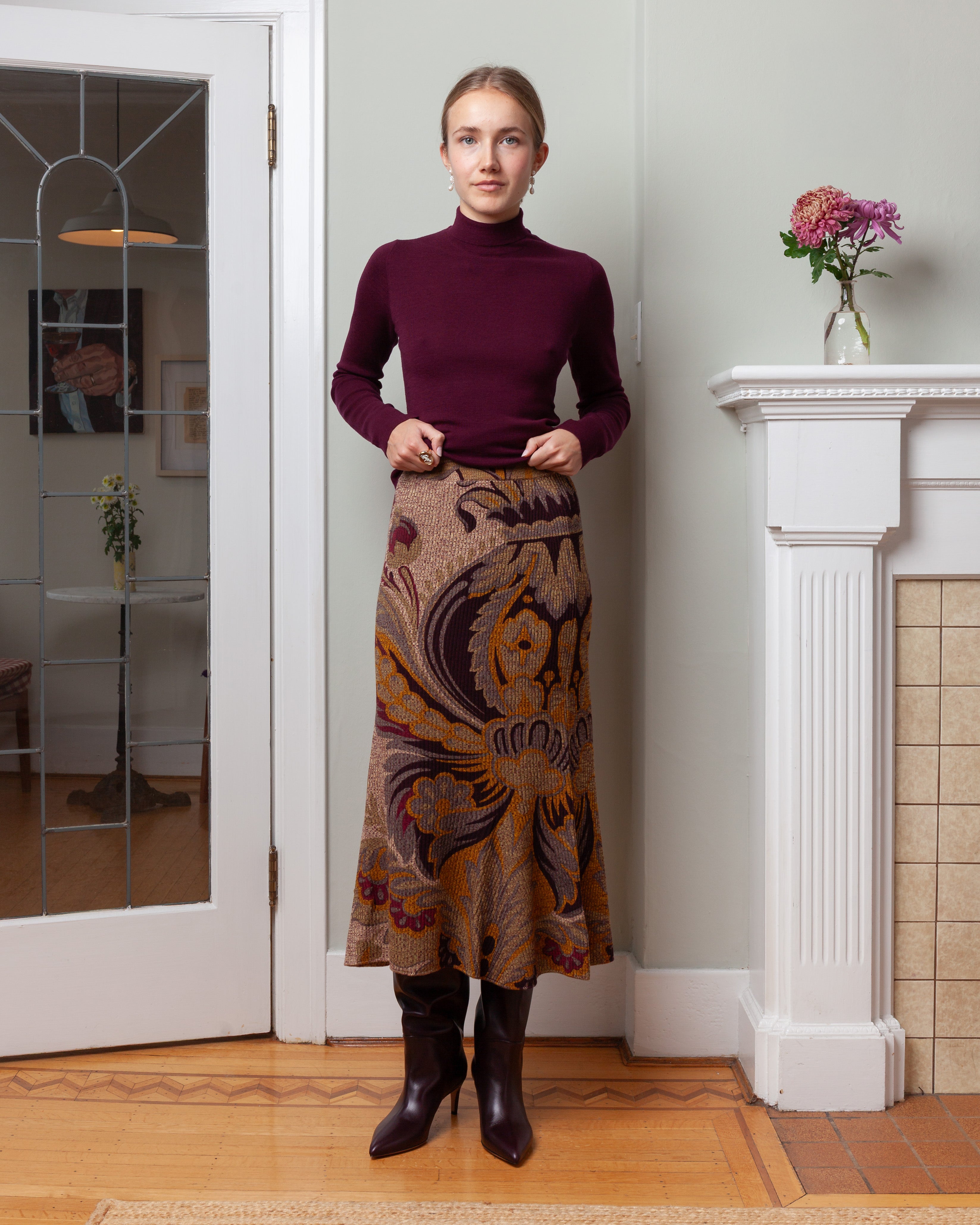 Ribbed Wool Midi Trumpet Knit Skirt - Brown/Multi