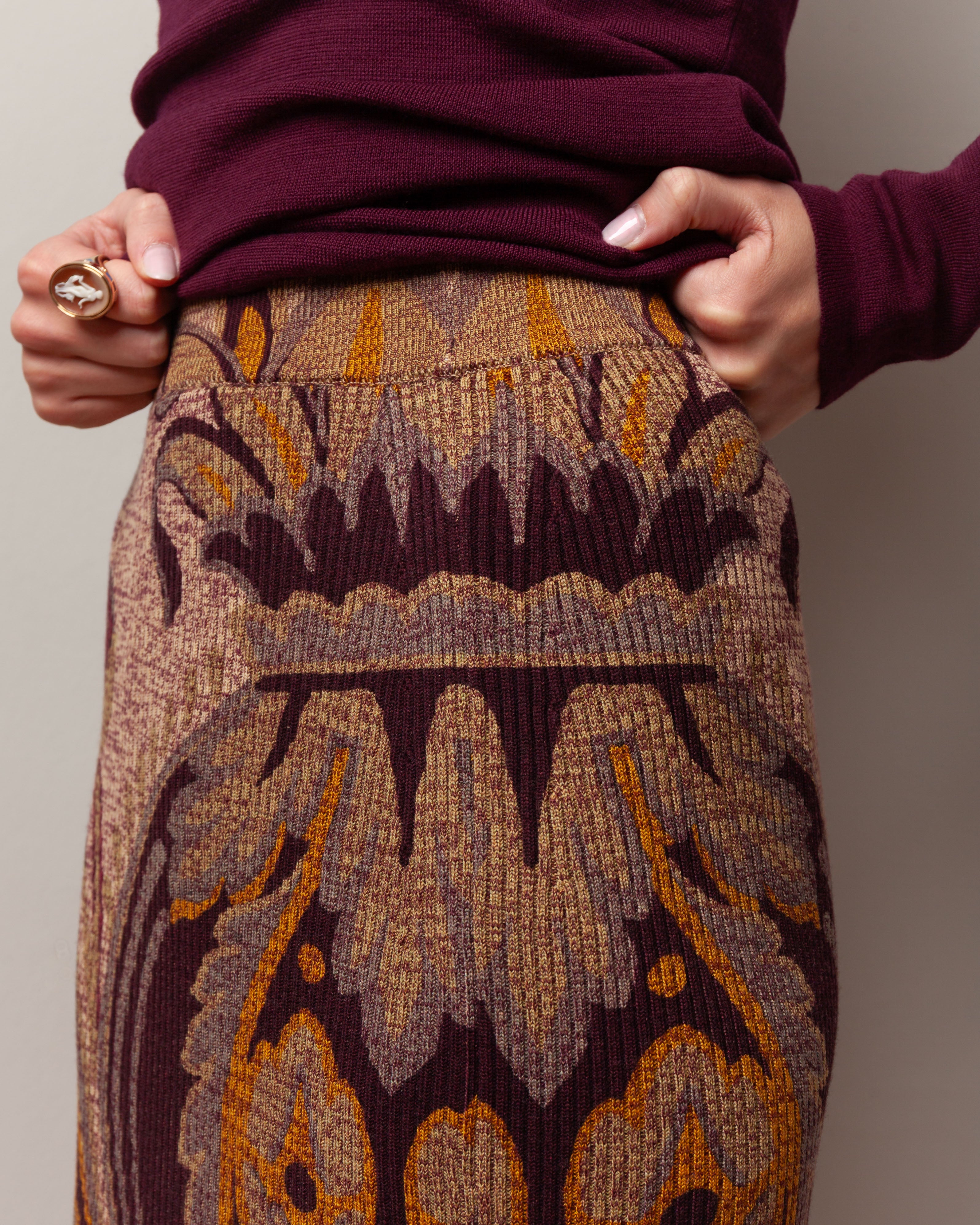 Ribbed Wool Midi Trumpet Knit Skirt - Brown/Multi