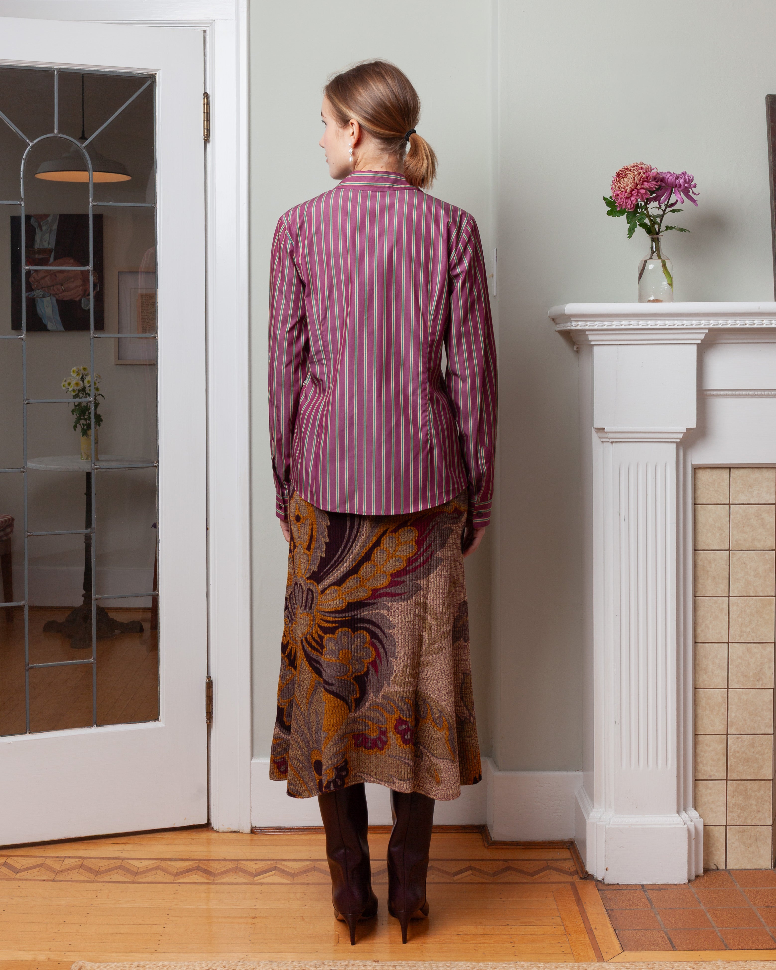 Fitted Shirt w/Pocket - Burgundy/Green Stripe